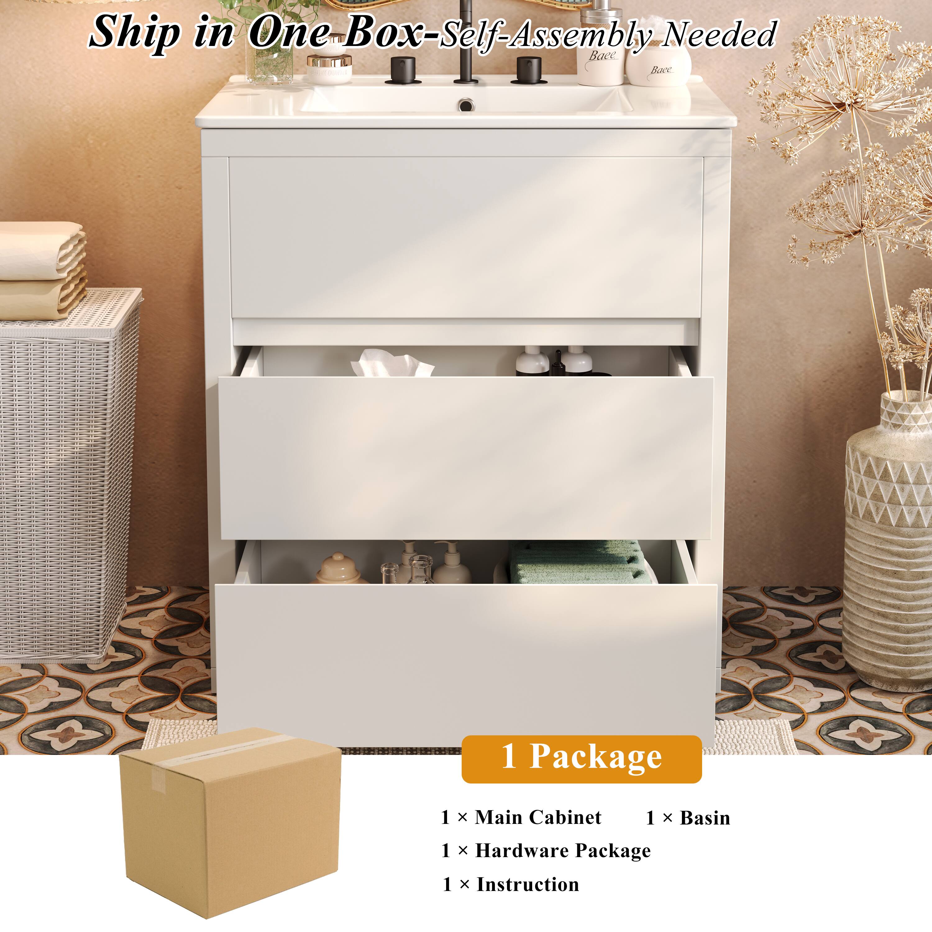 Ship in One Box - Self-Assembly Needed

1 Package

1 x Main Cabinet  
1 x Basin  
1 x Hardware Package  
1 x Instruction