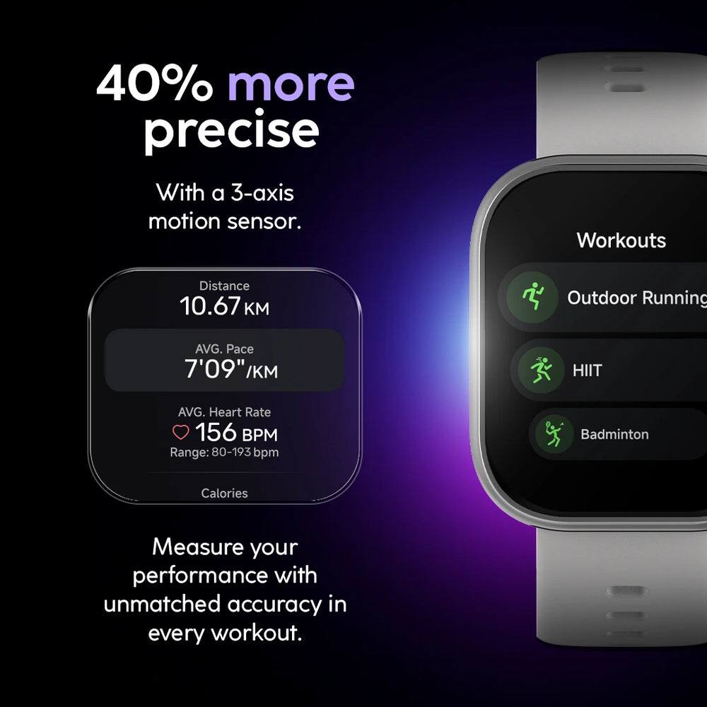 40% more precise  
With a 3-axis motion sensor.  

Workouts  
- Outdoor Running  
- HIIT  
- Badminton  

Distance: 10.67 KM  
AVG. Pace: 7'09" /KM  
AVG. Heart Rate: 156 BPM  
Range: 80-193 bpm  

Measure your performance with unmatched accuracy in every workout.