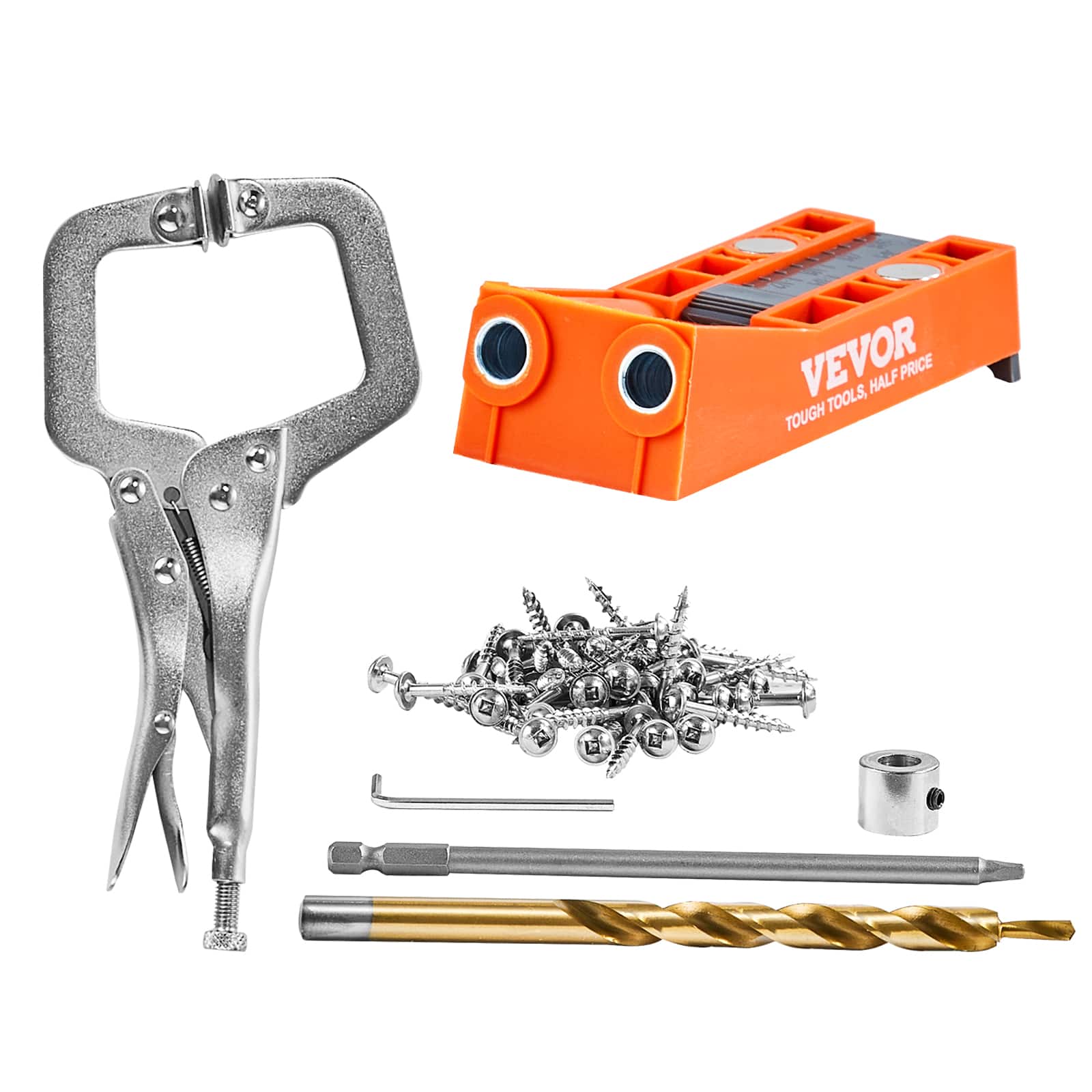 VEVOR - Pocket Hole Jig, 56 Pcs Mini Jig Pocket Hole System with 9" C-clamp, Step Drill, Wrench, Square Drive Bit - Orange
