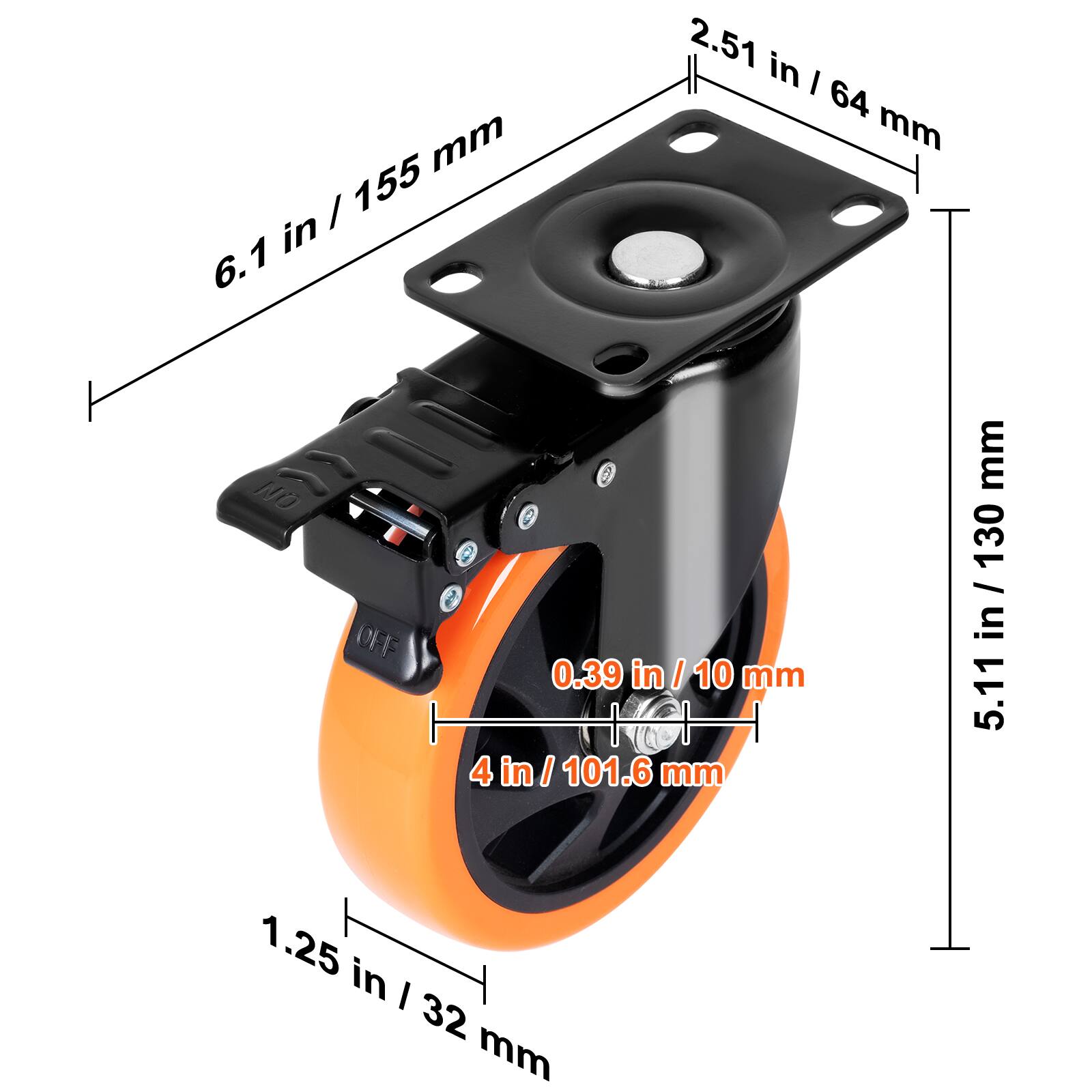 6.1 in / 155 mm  
2.51 in / 64 mm  
0.39 in / 10 mm  
4 in / 101.6 mm  
1.25 in / 32 mm  
5.11 in / 130 mm