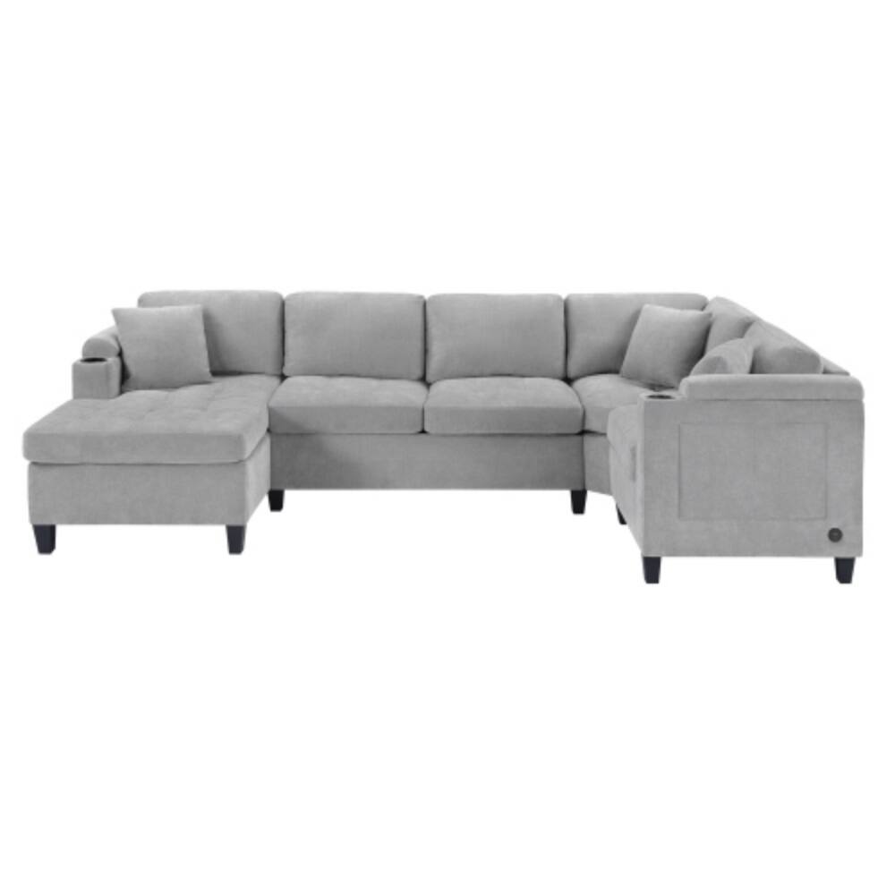 Alt View 4. LUCKY ONE - 115.7" U-Shaped Modular Sectional Sofa w/ Cup Holders Storage USB Ports Chaise - LIGHT GREY.