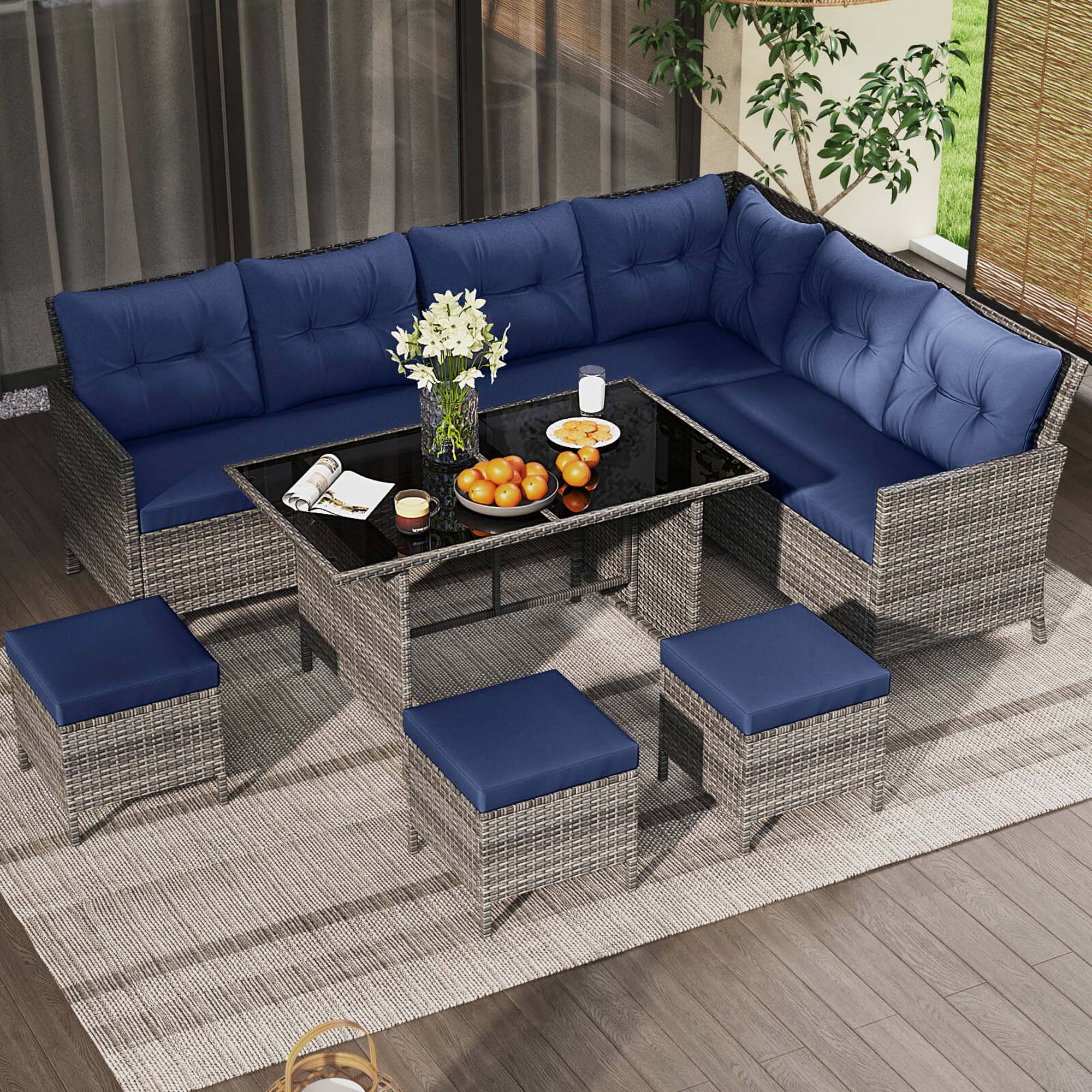 Alt View 1. Costway - 7 PCS Patio Dining Furniture Set PE Rattan Sectional Sofa Set with Soft Cushions - Mix Gray,Navy.