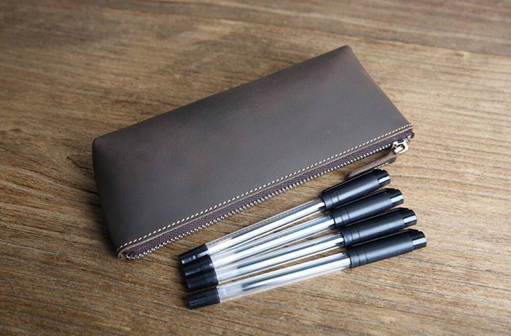 Alt View 4. Steel Horse Leather - The Pallavi |  Leather Pencil Case and Makeup Bag - Dark Brown.