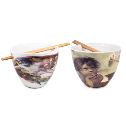 Front. Boom Trendz - Bowl Bop 16oz Ramen Bowl Set w/ Chopsticks | Sistine Chapel & Cherub - White.