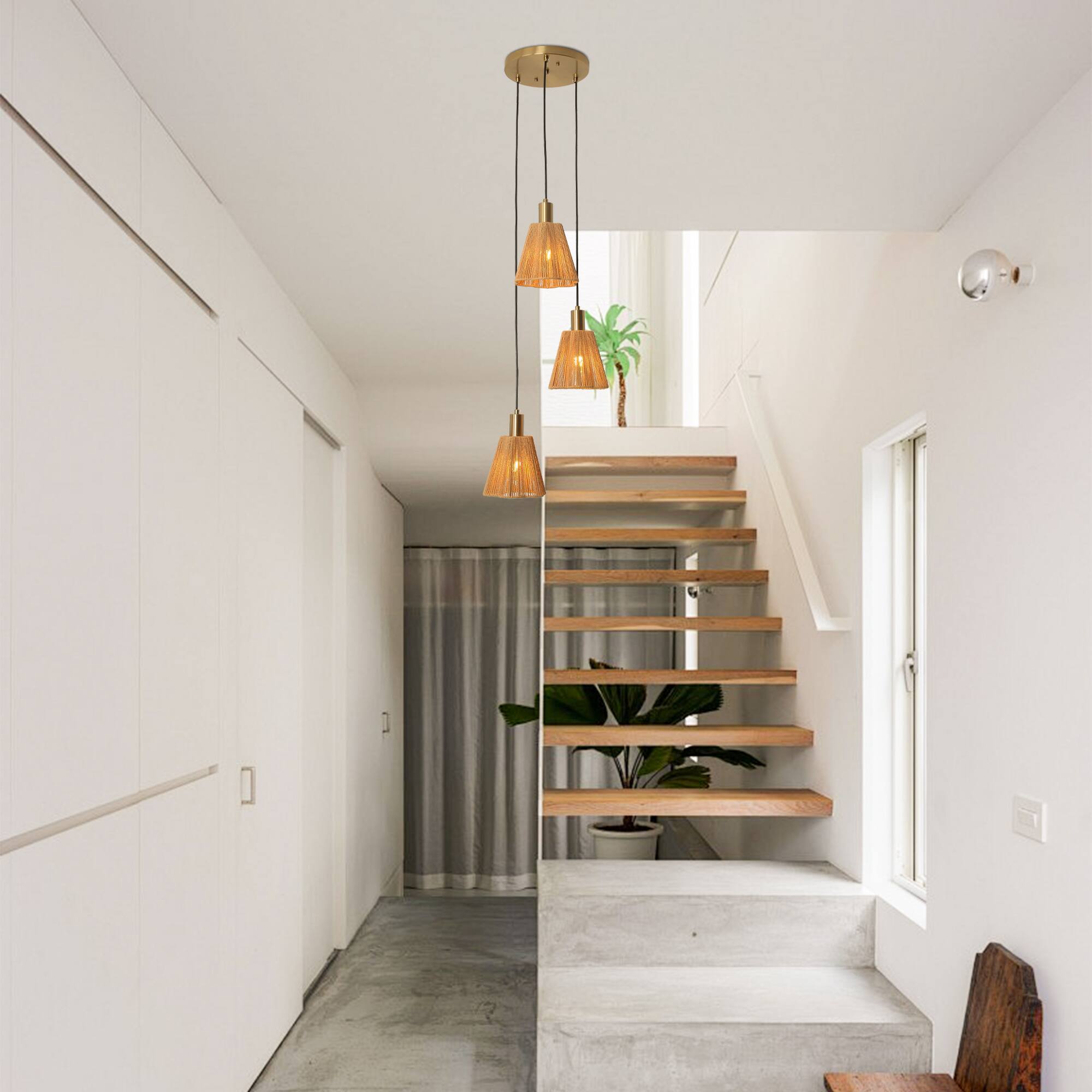 Left. Parrot Uncle - 15" W Rustic Brass 3-Light Kitchen Island Pendant Light with Paper Rope Shades - Gold.