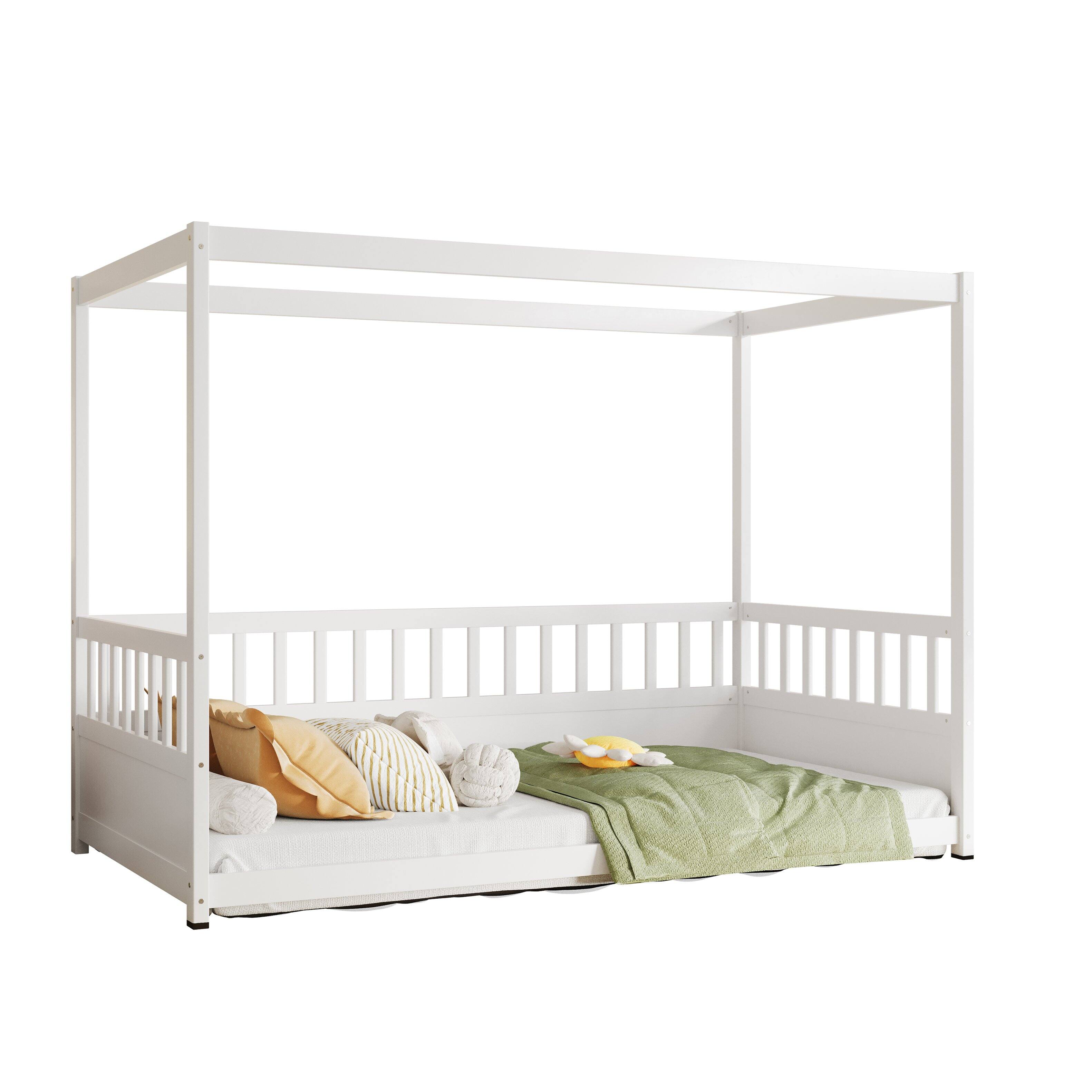 Alt View 1. GOODSILO - Twin Canopy Floor Bed with Guardrails, Montessori Wood Frame for Kids - White.
