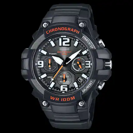 CHRONOGRAPH
CASIO
WATER RESIST 100M
WR 100M
START/STOP
SPL/RESET
30 MIN.
60 SEC.