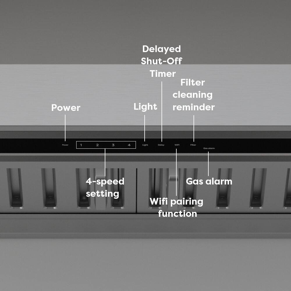 - Power
- Delayed Shut-Off Timer
- Light
- Filter cleaning reminder
- 4-speed setting
- Gas alarm
- Wifi pairing function