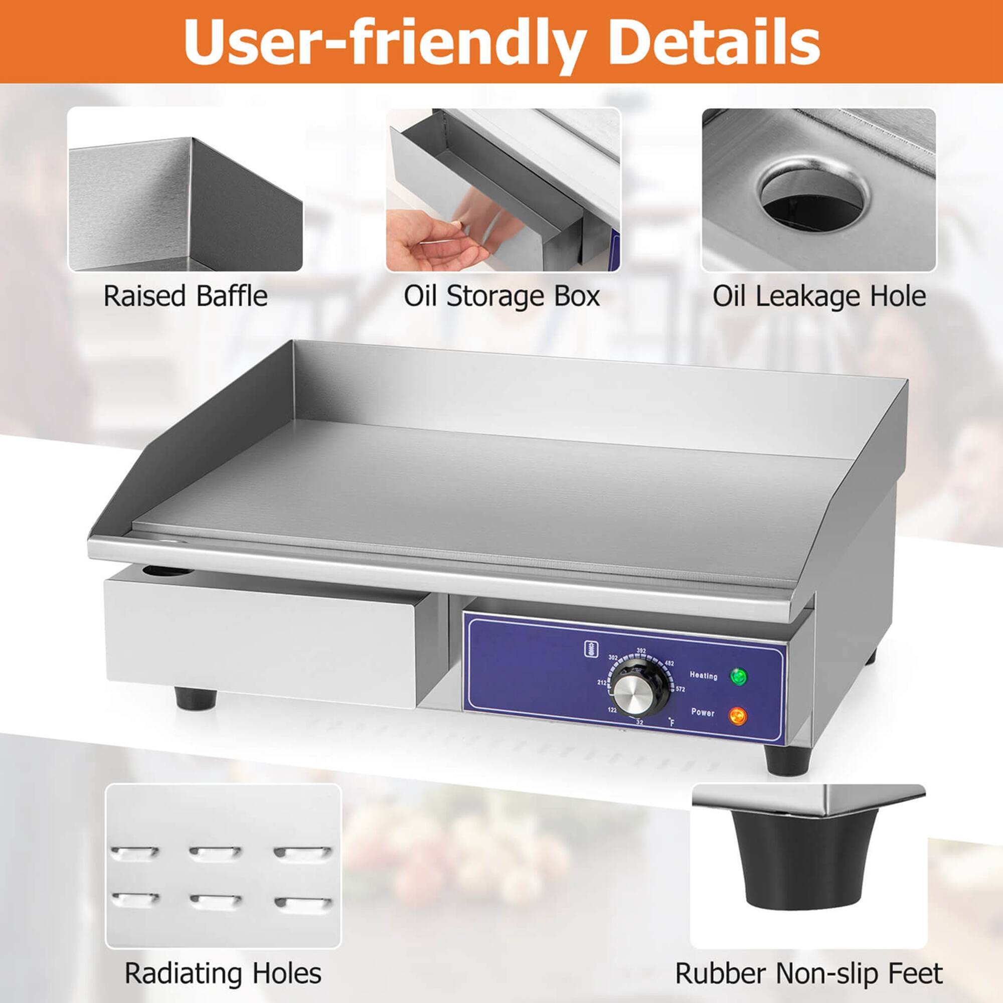 User-friendly Details:

1. Raised Baffle
2. Oil Storage Box
3. Oil Leakage Hole
4. S H - Weating n 5 Ja 7 Power
5. Radiating Holes
6. Rubber Non-slip Feet