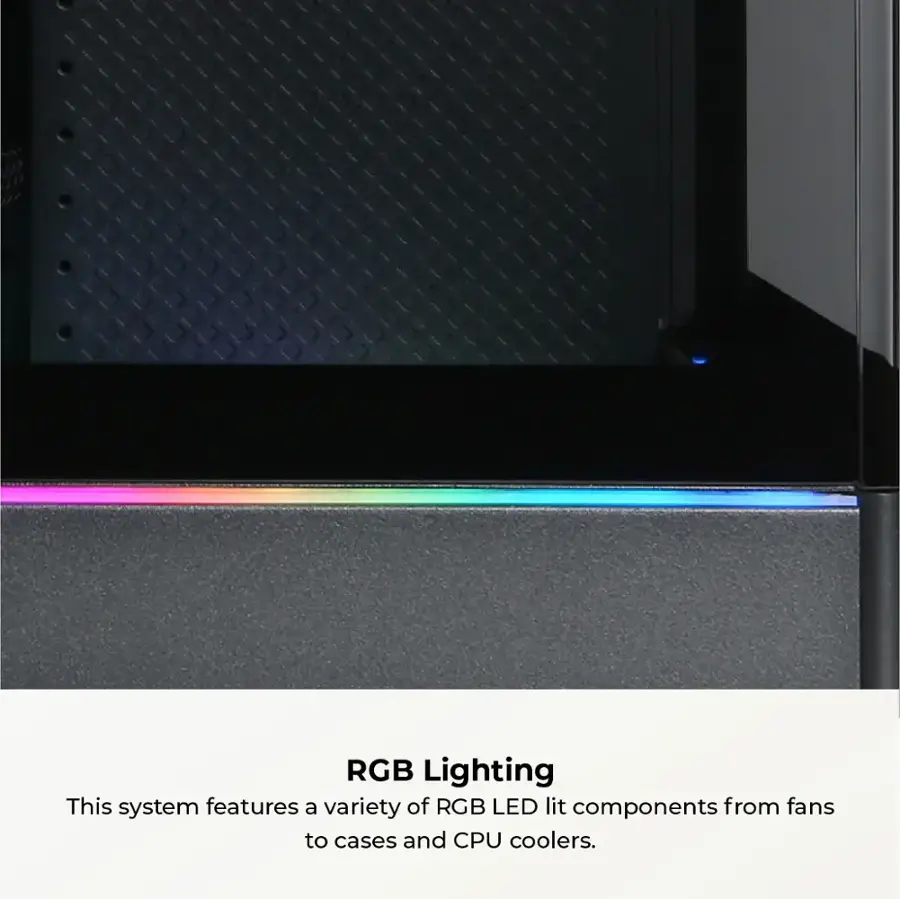 The image features a close-up of a computer component with a rainbow-colored light, which is an example of RGB lighting. The text on the image reads "RGB Lighting," indicating that the system is designed with a variety of RGB LED lit components, such as fans, cases, and CPU coolers.