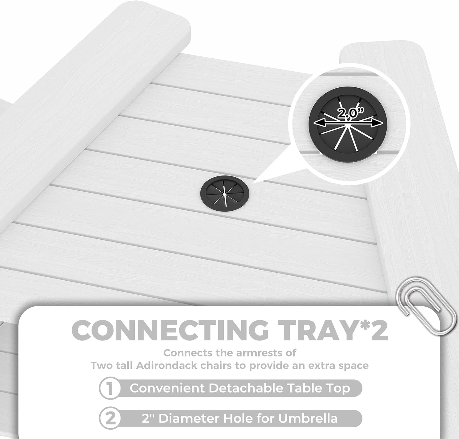 CONNECTING TRAY*2  
Connects the armrests of two tall Adirondack chairs to provide an extra space  
1. Convenient Detachable Table Top  
2. 2" Diameter Hole for Umbrella