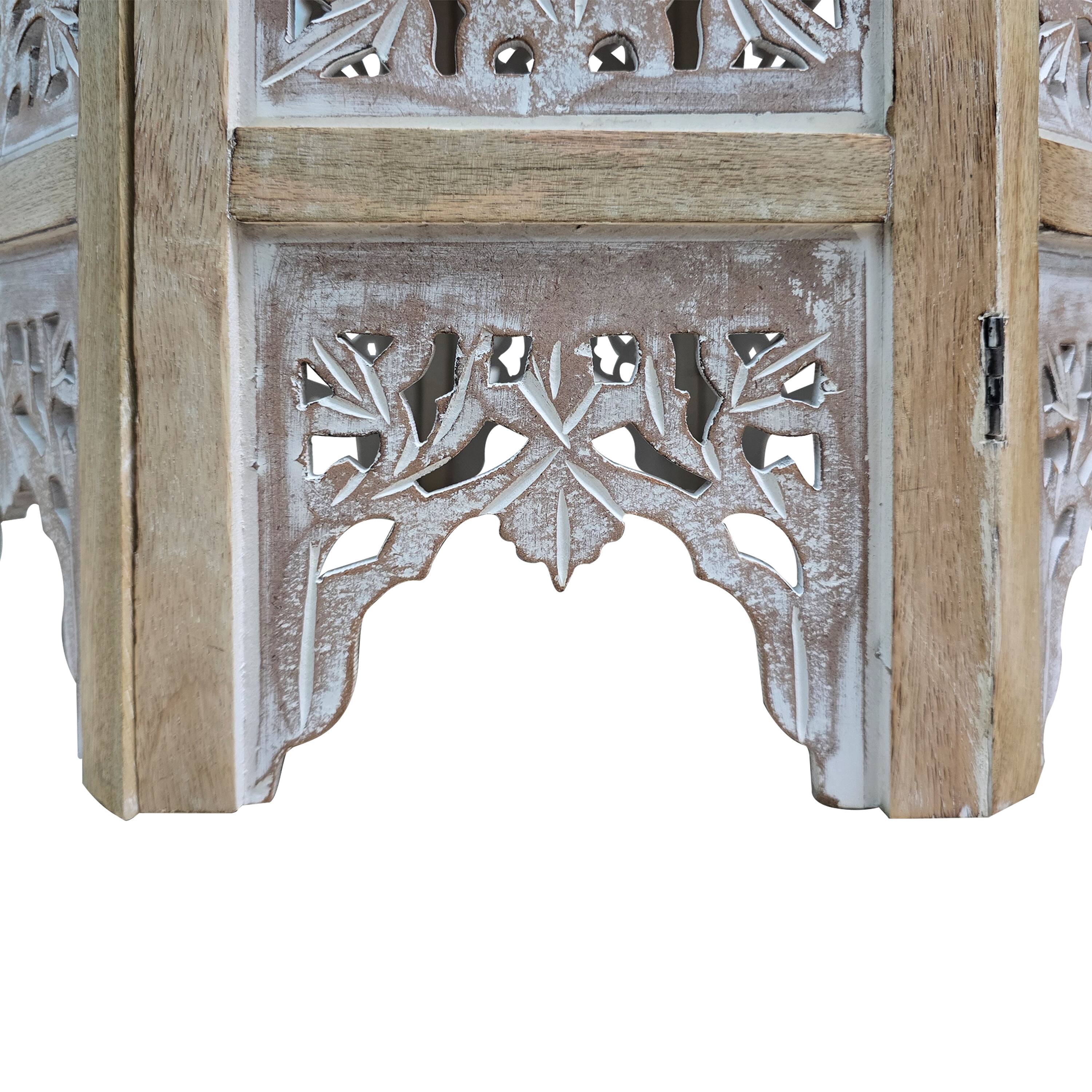 Back. Manhattan Lane - Accent Side Table, 24 Inch Round Top, Mango Wood Floral Cut Out Carved Motifs - Natural Brown, Washed White.