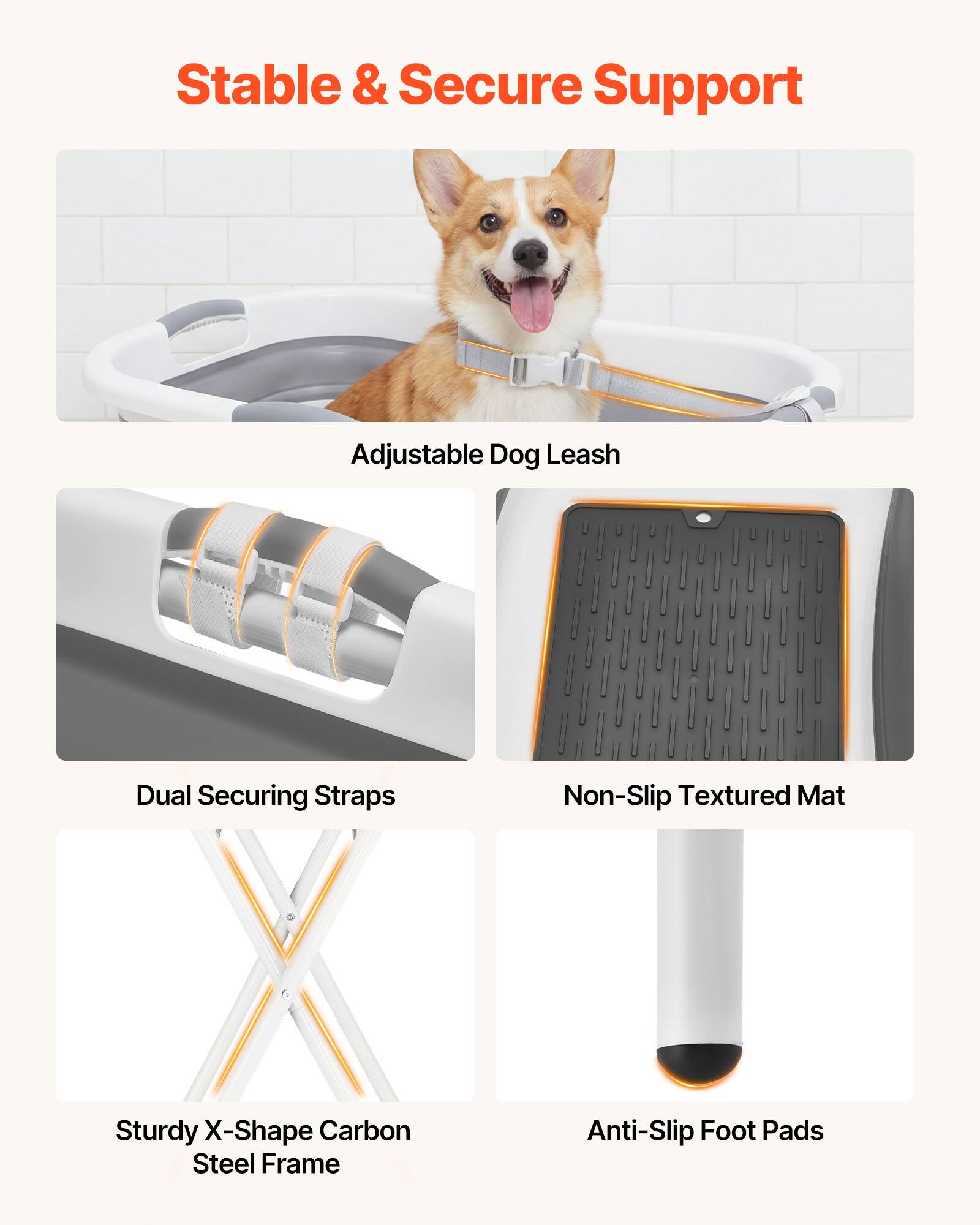 Stable & Secure Support

- Adjustable Dog Leash
- Dual Securing Straps
- Non-Slip Textured Mat
- Sturdy X-Shape Carbon Steel Frame
- Anti-Slip Foot Pads
