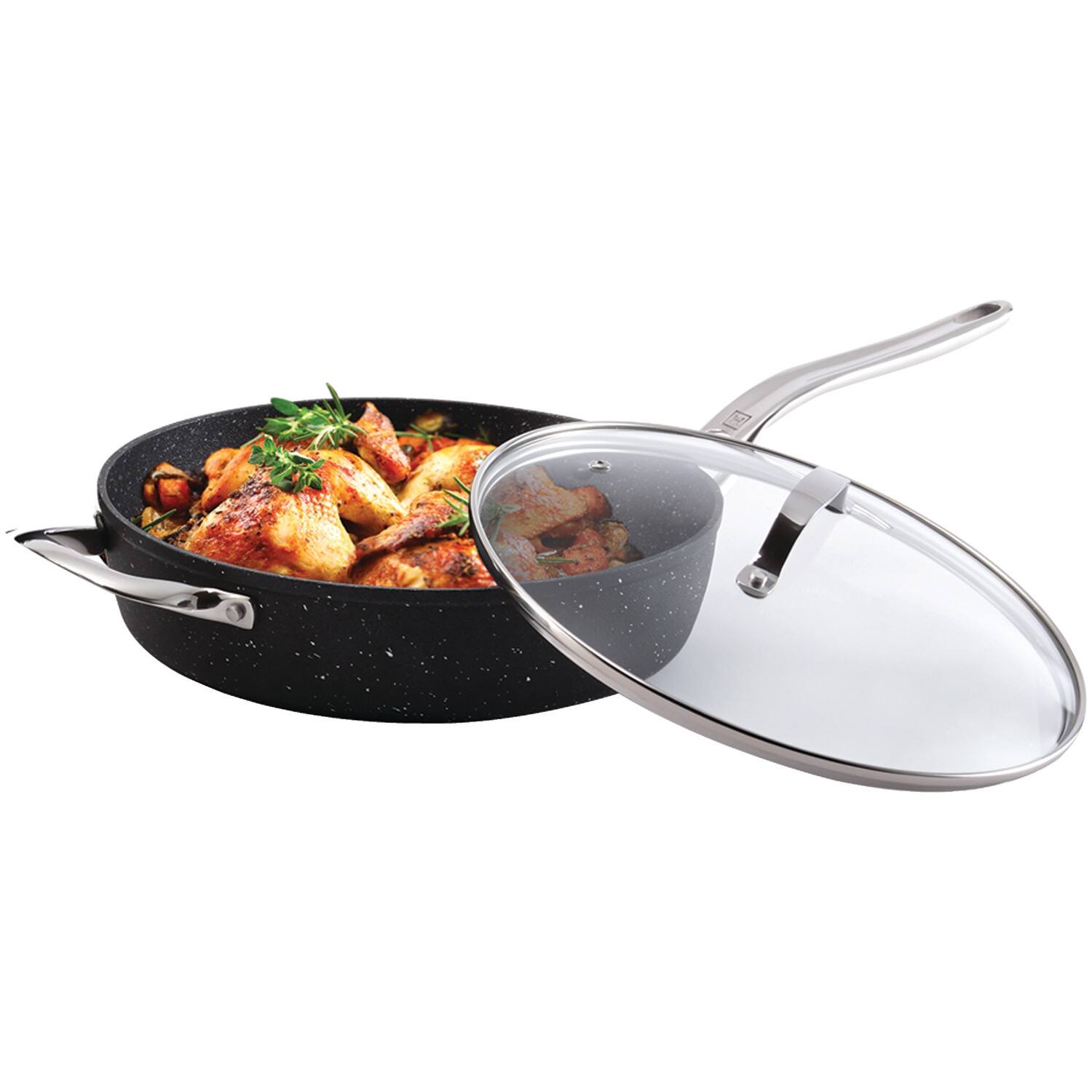 Alt View 4. THE ROCK by Starfrit - 11" 4.7-Quart Deep Sauté Pan with Glass Lid, Stainless Steel Handles - Black.