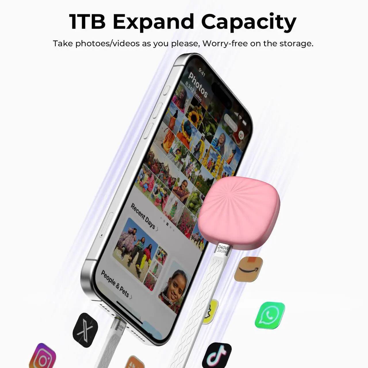 1TB Expand Capacity  
Take photos/videos as you please, Worry-free on the storage.  
9:41  
8,342 Photos Items  
4 Recent Days = 240M  
20 People & Pets