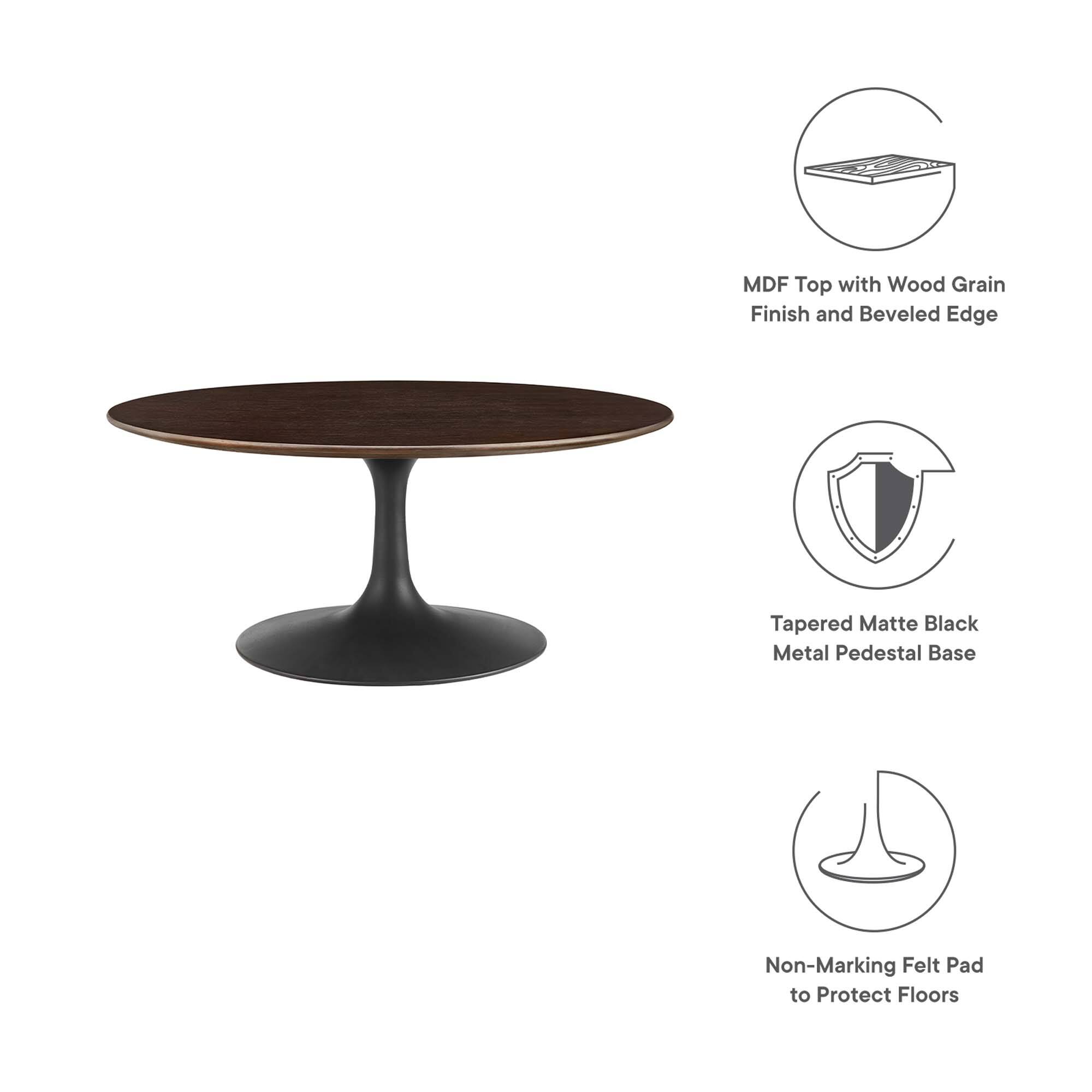 - MDF Top with Wood Grain Finish and Beveled Edge
- Tapered Matte Black Metal Pedestal Base
- Non-Marking Felt Pad to Protect Floors