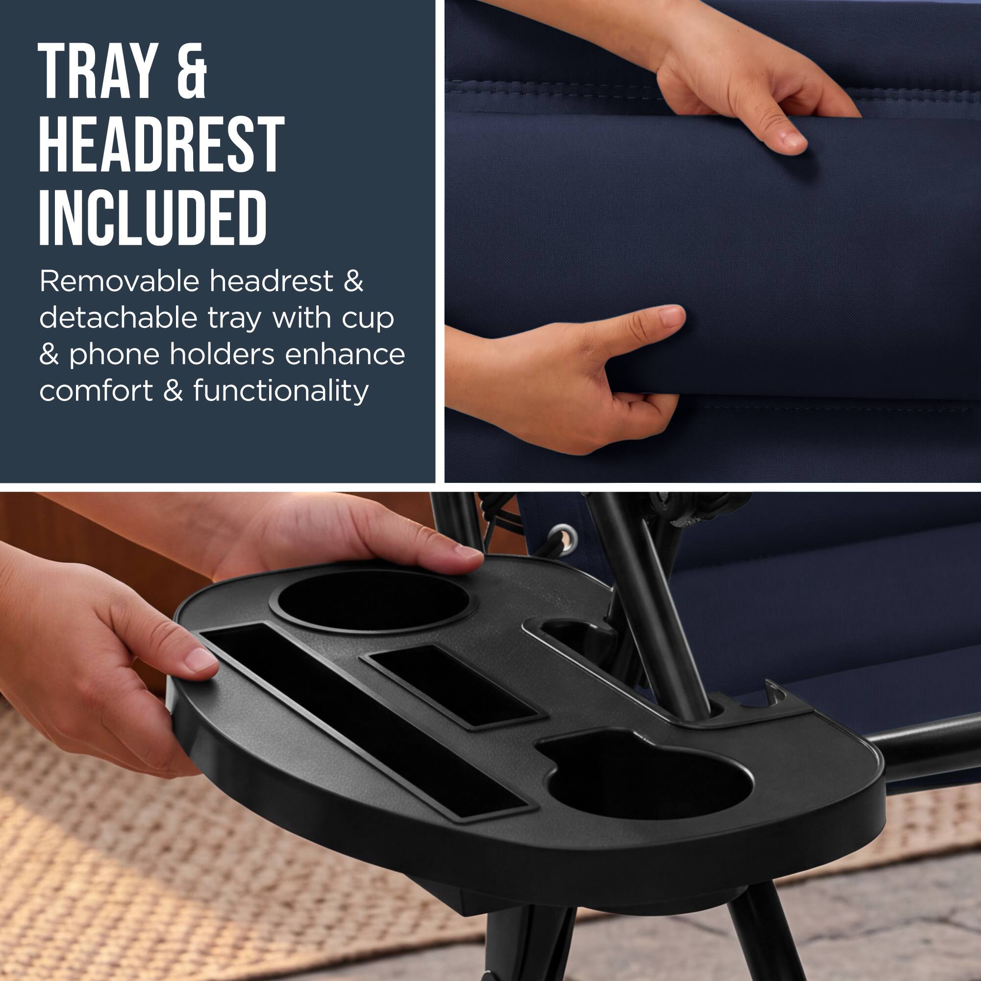 TRAY & HEADREST INCLUDED

Removable headrest & detachable tray with cup & phone holders enhance comfort & functionality