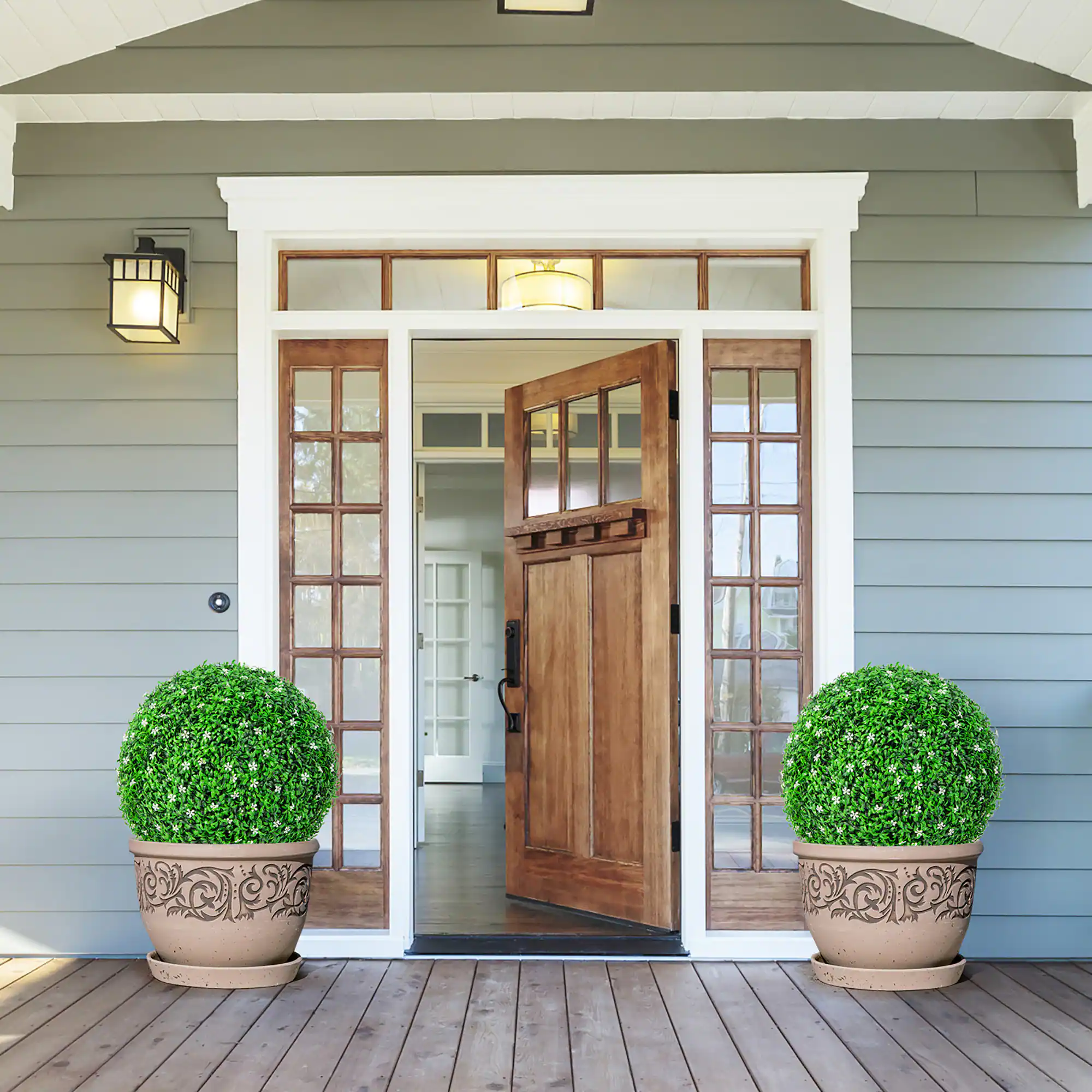 Alt View 1. Gymax - Gymax 2 PCS Artificial White Flower Grass Topiary Balls 19'' Faux Balls Indoor Outdoor - Green, White.