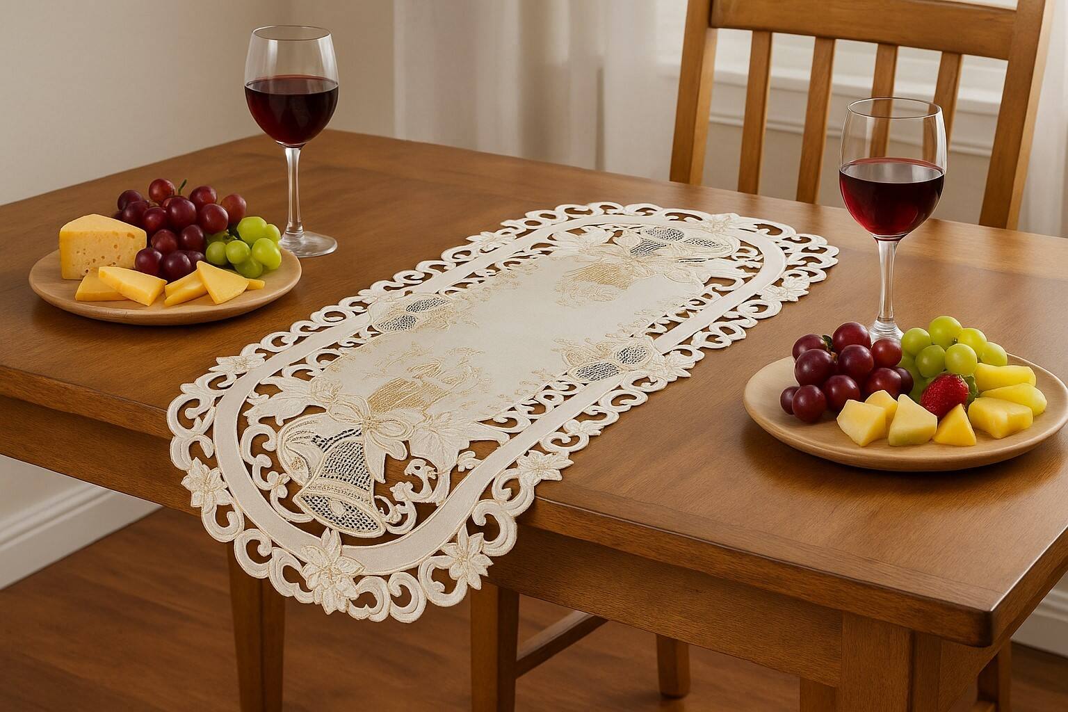 Left. Jiallo - Christmas Candle Beige Lace Embroidered Cutwork Placemat, 12 by 17 inch Table Linen - Beige.