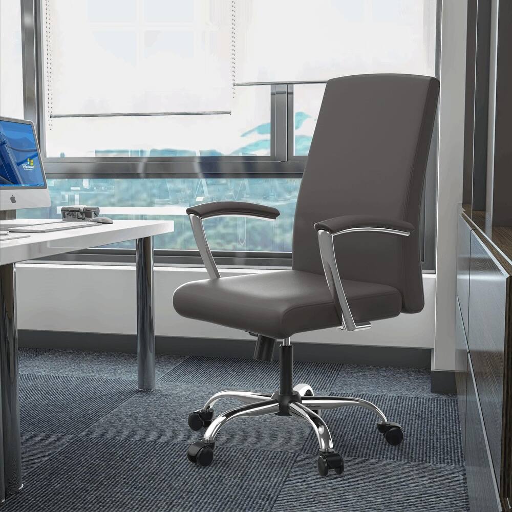 Angle. LeisureMod - Evander Adjustable High-Back Office Chair Upholstered Leather Seat with Swivel and Tilt Ergonomic Desk Chair - Grey.