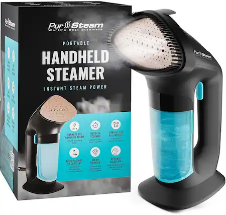 Pe 19tzam Pur Steam World's Best Steamers 2 PORTABLE HANDHELD STEAMER INSTANT STEAM POWER Pur Steam ....... 1700 HARNESS THE POWER OF STEAM (700W Steaming Power READY IN SECONDS 30 Sec Heat-Up Time PERFECT FOR ALL FABRICS Adjustable Steaming Levels FROM CLOTHES TO CURTAINS SMARTER Compact LED Display with 3 Steam Modes and Vertical Steam Levels CERAMIC SOLEPLATE Effortless Steaming with Non-stick Soleplate