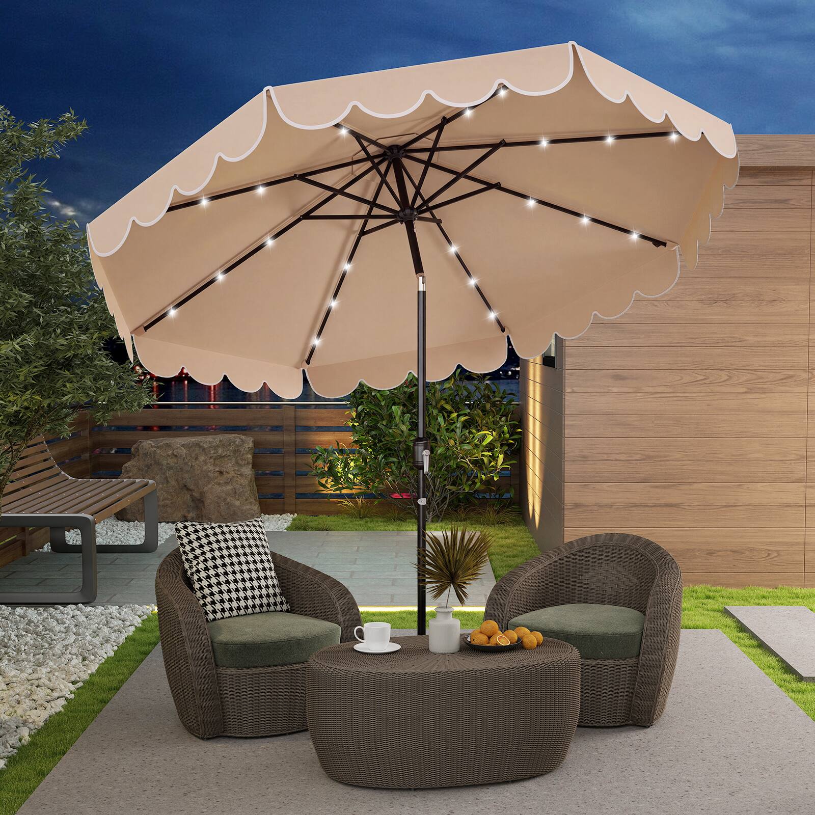 Alt View 1. Gymax - Gymax 9.3 FT Solar Patio Umbrella w/ 32 LED Lights & Vented Top & Ruffles Beige - Beige.
