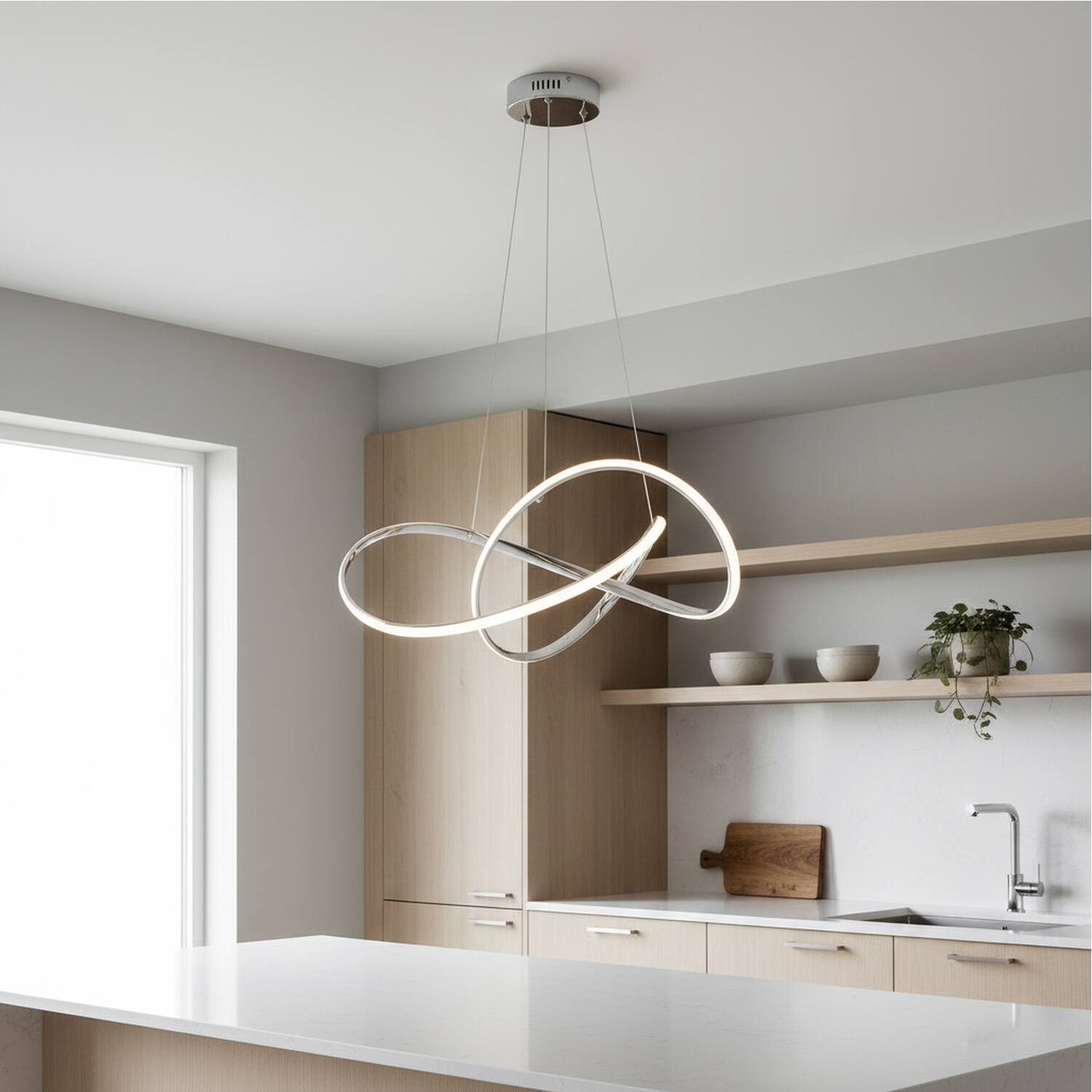 Angle. Umeiluce - Modern 40W Integrated LED Abstract Ribbon Pendant Light, 3000K Dimmable Geometric Chandelier, Chrome.