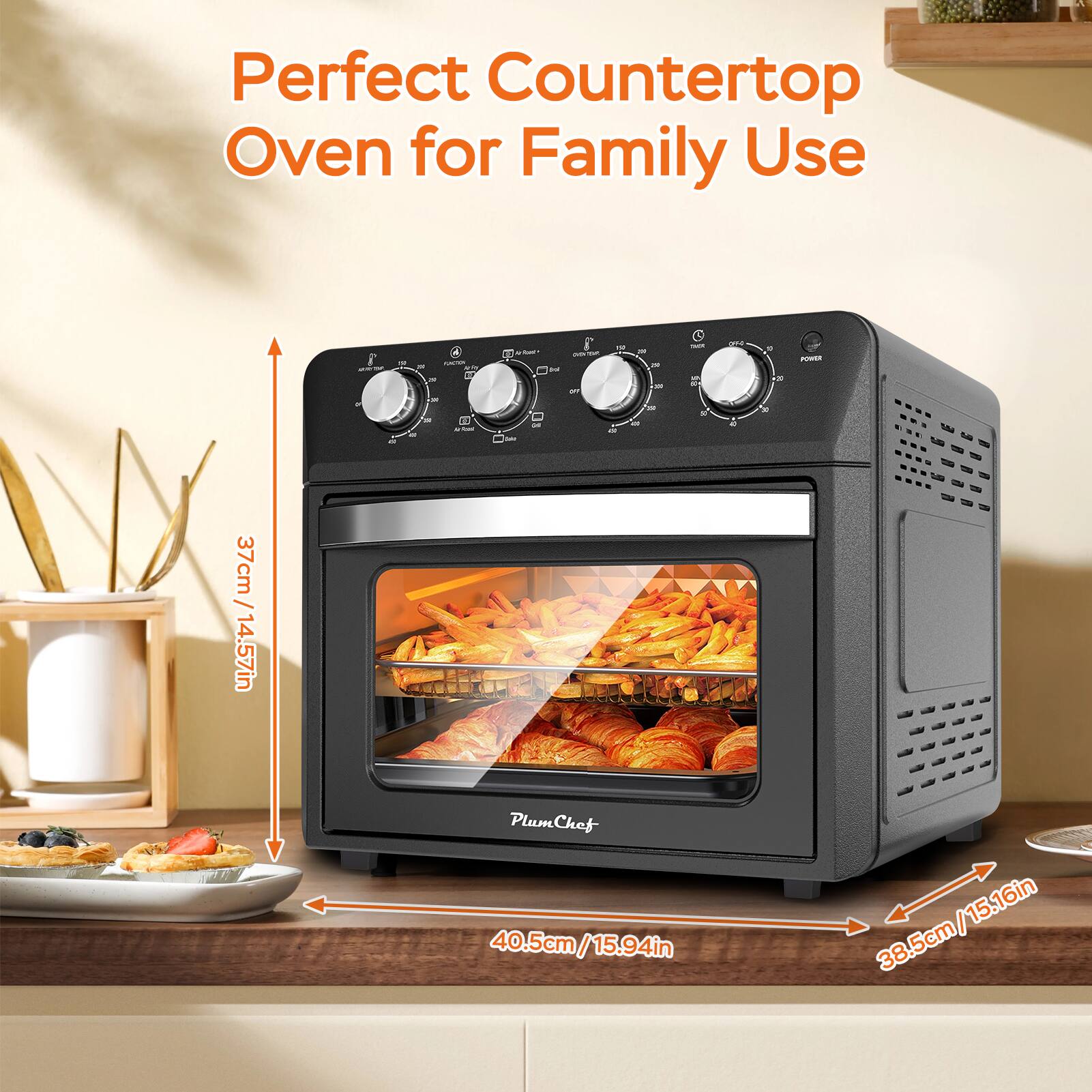 Perfect Countertop Oven for Family Use  
37cm / 14.57in  
40.5cm / 15.94in  
38.5cm / 15.16in