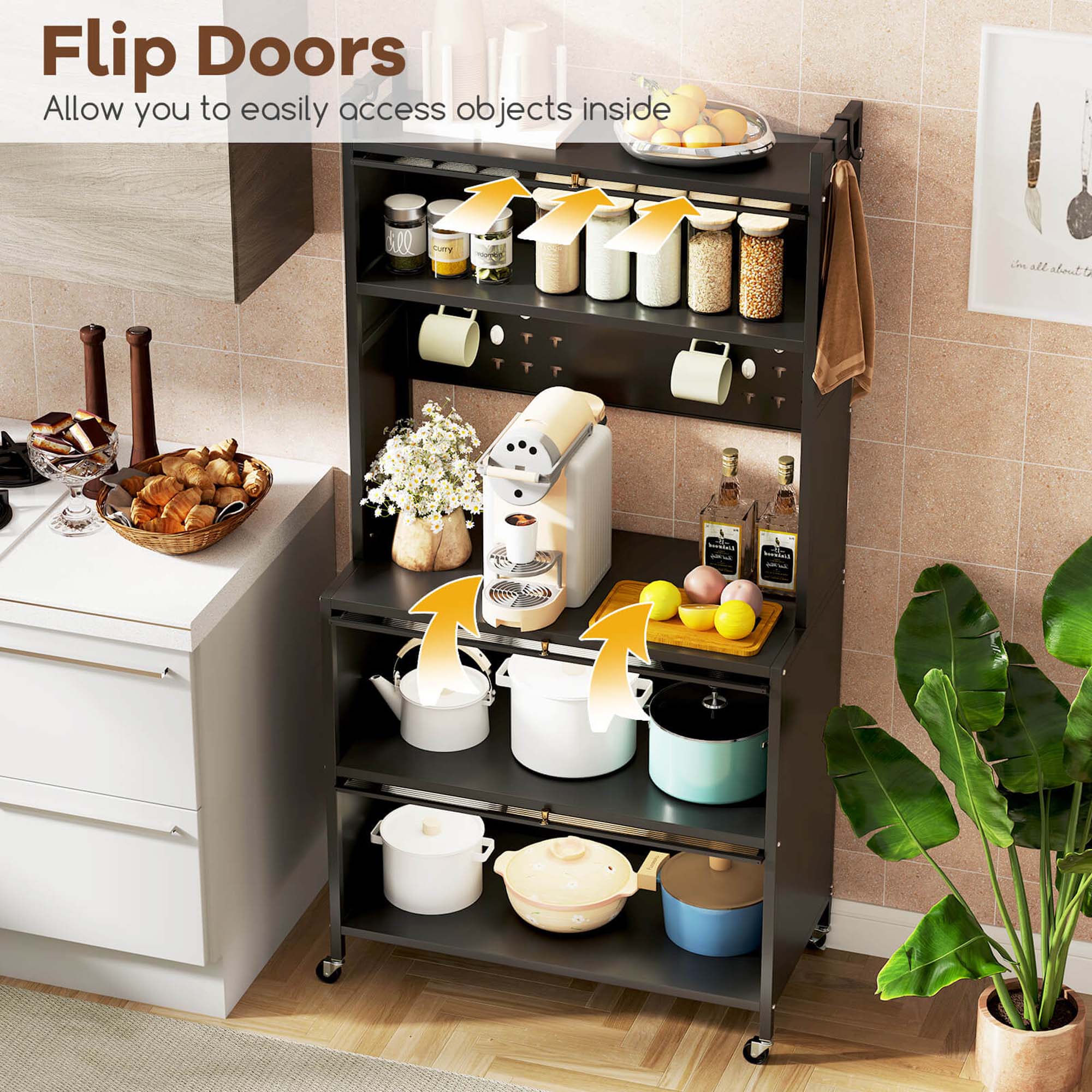 Flip Doors allow you to easily access objects inside. All objects are placed on shelves, making it convenient to find and use them.