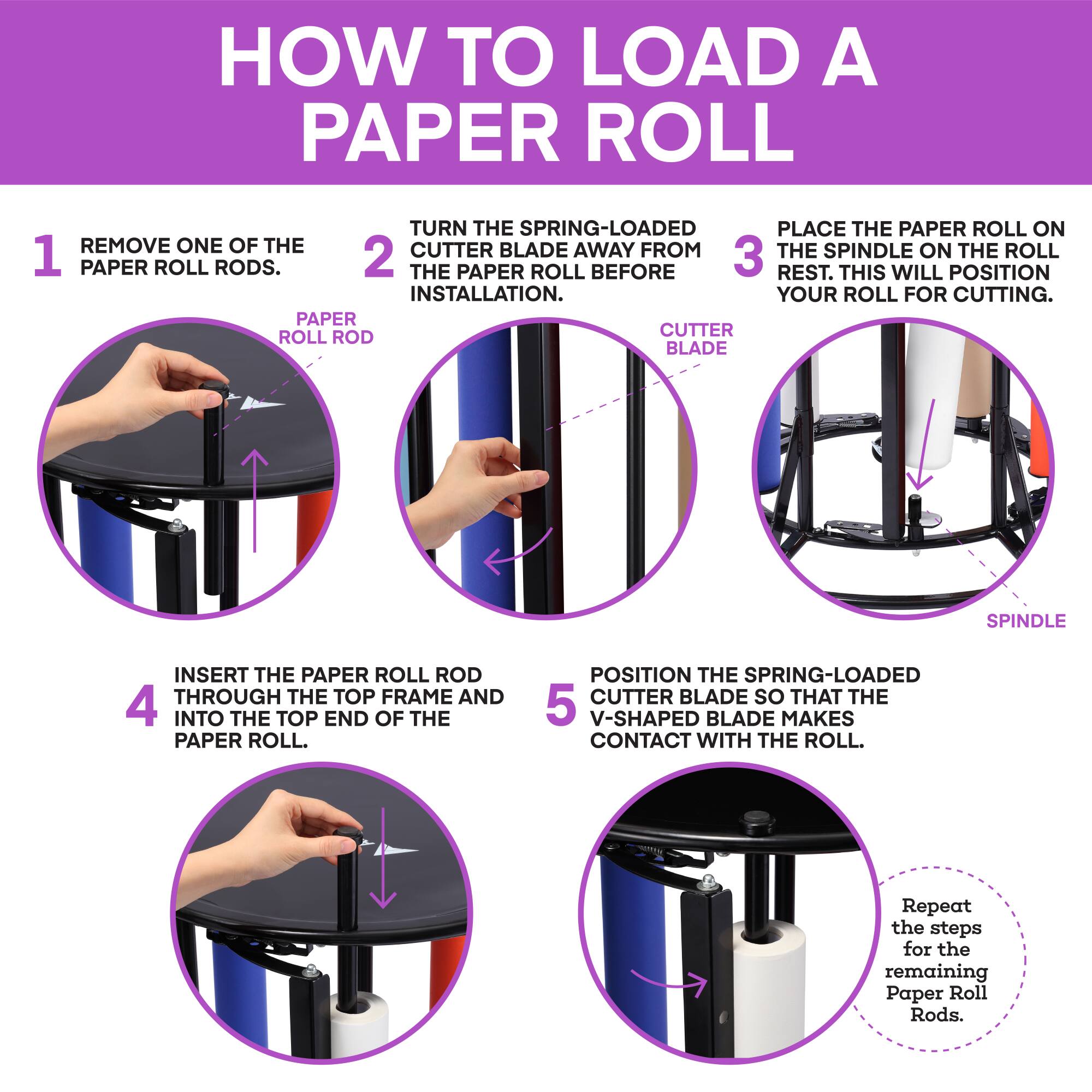 HOW TO LOAD A PAPER ROLL

1. REMOVE ONE OF THE PAPER ROLL RODS.
2. TURN THE SPRING-LOADED CUTTER BLADE AWAY FROM THE SPINDLE ON THE ROLL BEFORE INSTALLATION.
3. PLACE THE PAPER ROLL ON THE SPINDLE ON THE ROLL REST. THIS WILL POSITION YOUR ROLL FOR CUTTING.
4. INSERT THE PAPER ROLL ROD THROUGH THE TOP FRAME AND INTO THE TOP END OF THE PAPER ROLL.
5. POSITION THE SPRING-LOADED CUTTER BLADE SO THAT THE V-SHAPED BLADE MAKES CONTACT WITH THE ROLL.

Repeat the steps for the remaining Paper Roll Rods.