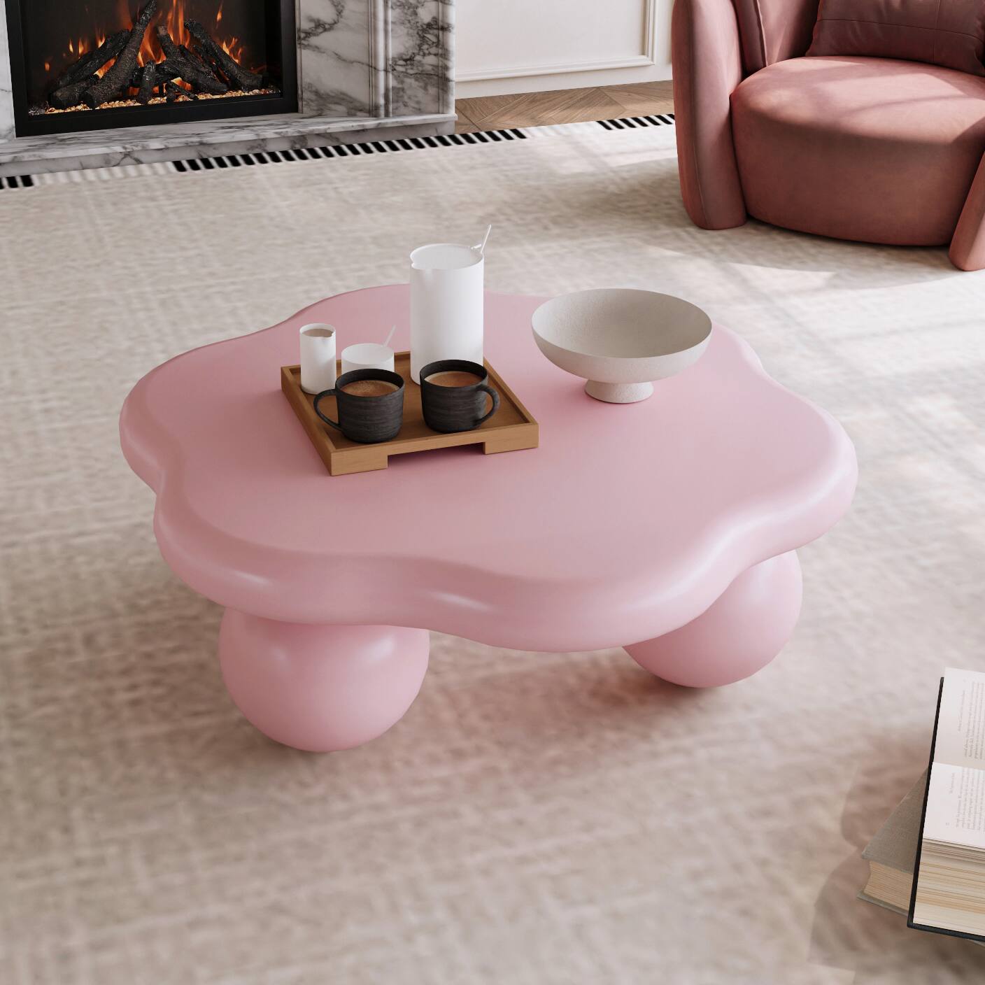 Front. Loheer - Loheer 35 Inch Pink Cloud Shaped Coffee Table Modern Minimalist Petal Living Room Table with Spherical Legs - Pink.
