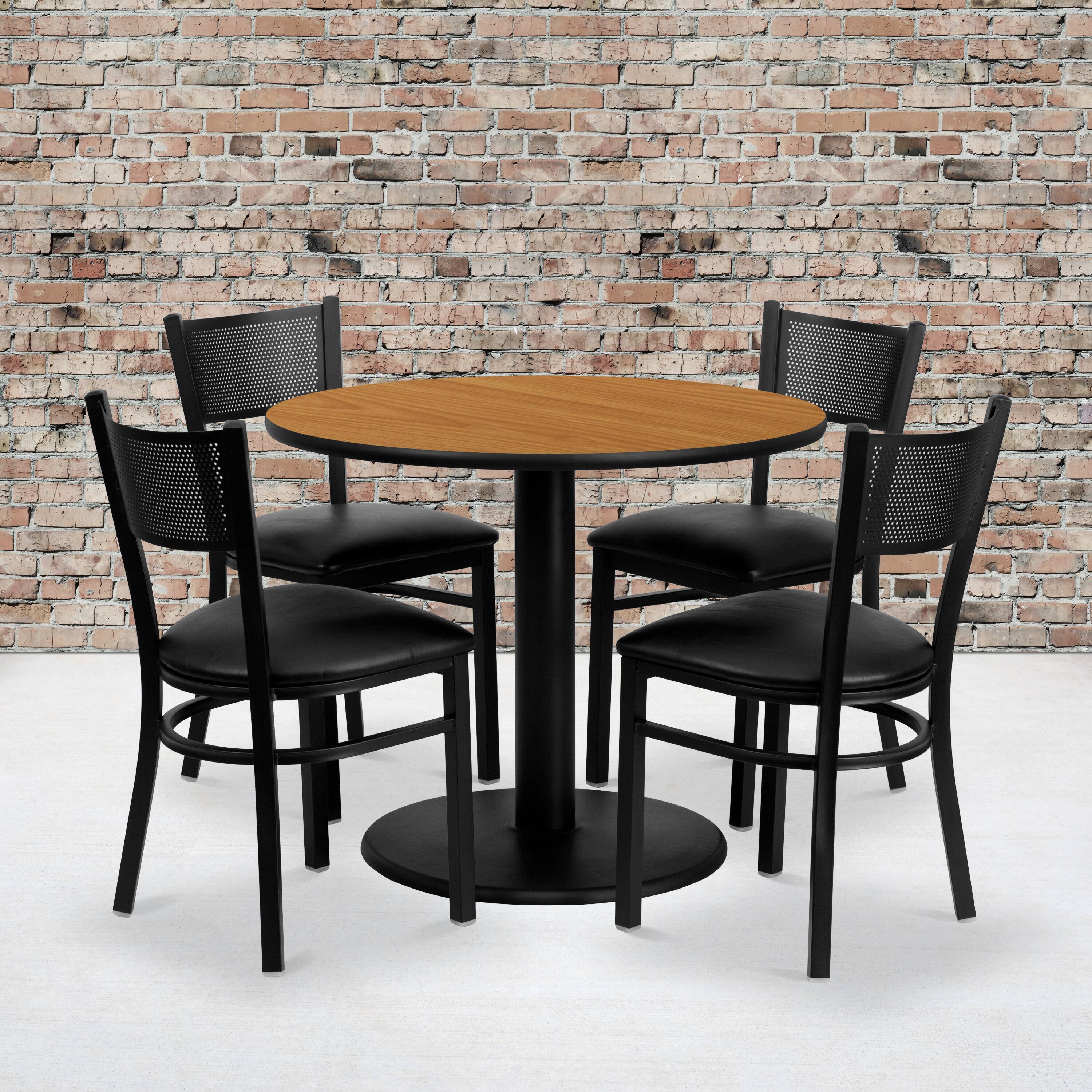 Angle. Flash Furniture - Clark 36'' Round Natural Laminate Table Set with 4 Grid Back Metal Chairs - Black Vinyl Seat - Black.
