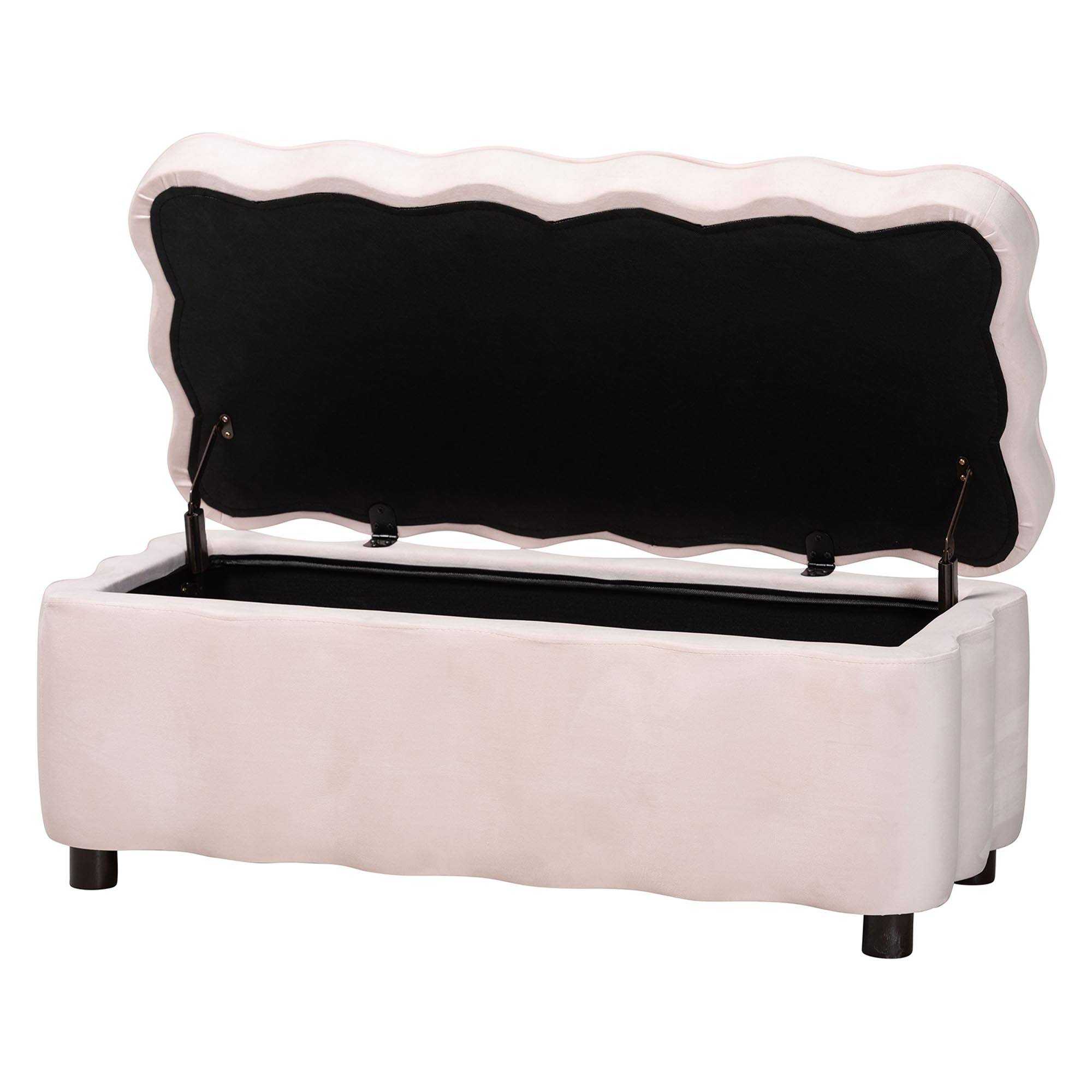 Angle. Baxton Studio - Paulina Velvet Storage Bench - Lift Top Accent Bench with Interior Storage and Scalloped Outline - Light Pink/Black.