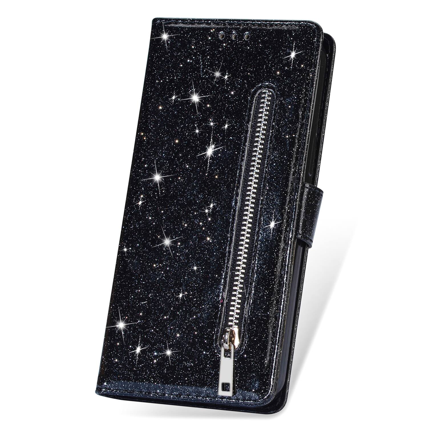 Alt View 4. Dteck - Dteck Zipper Wallet Card Bling Glitter Sparkly Case for Apple iPhone 17 Pro, Shockproof PU Leather Holder Strap Cover - Black.