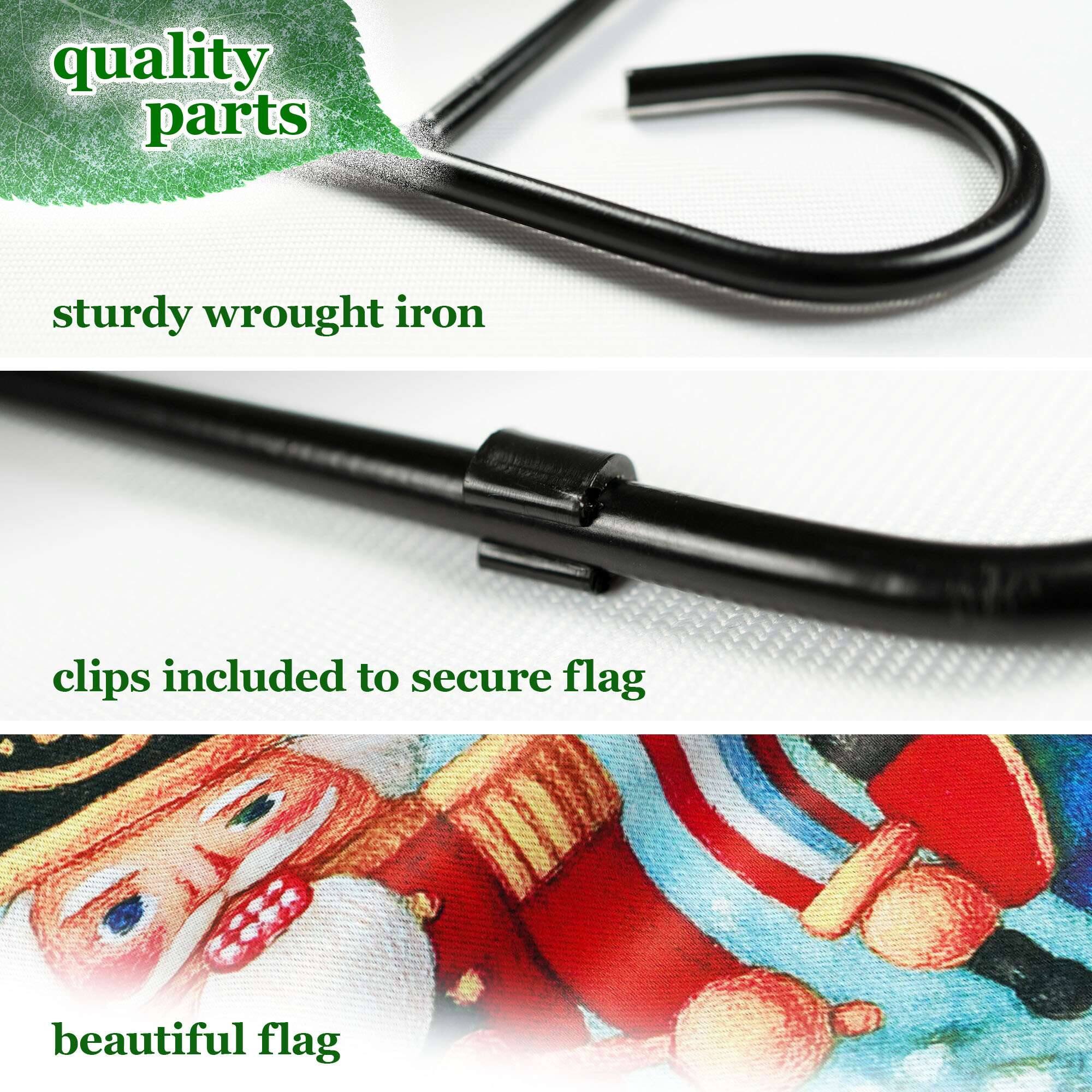 quality parts  
sturdy wrought iron  
clips included to secure flag  
beautiful flag