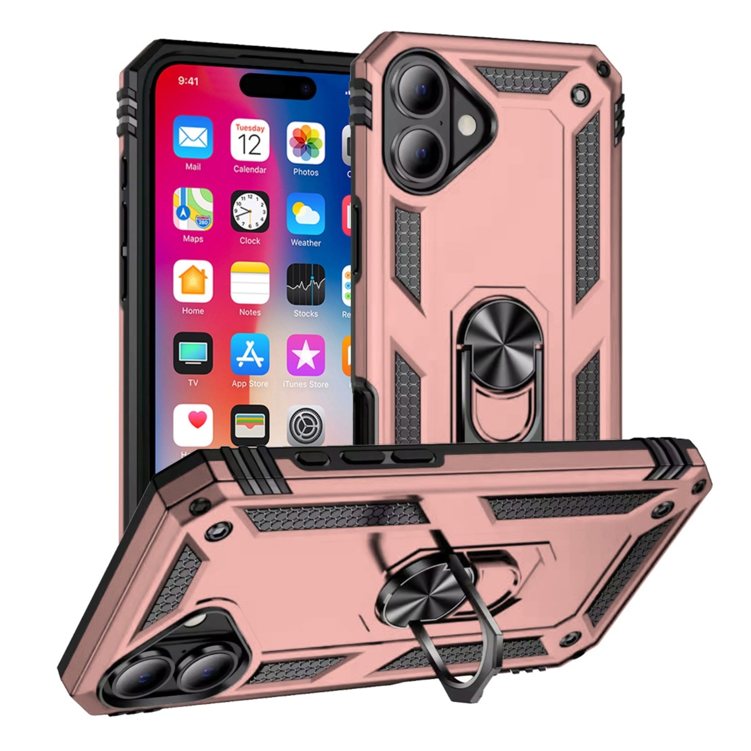 Kitcheniva - Hybrid Ring Holder Magnetic Kickstand Phone Case With Tempered Glass For iPhone 16 - Rose Gold price history on PriceWatchPro