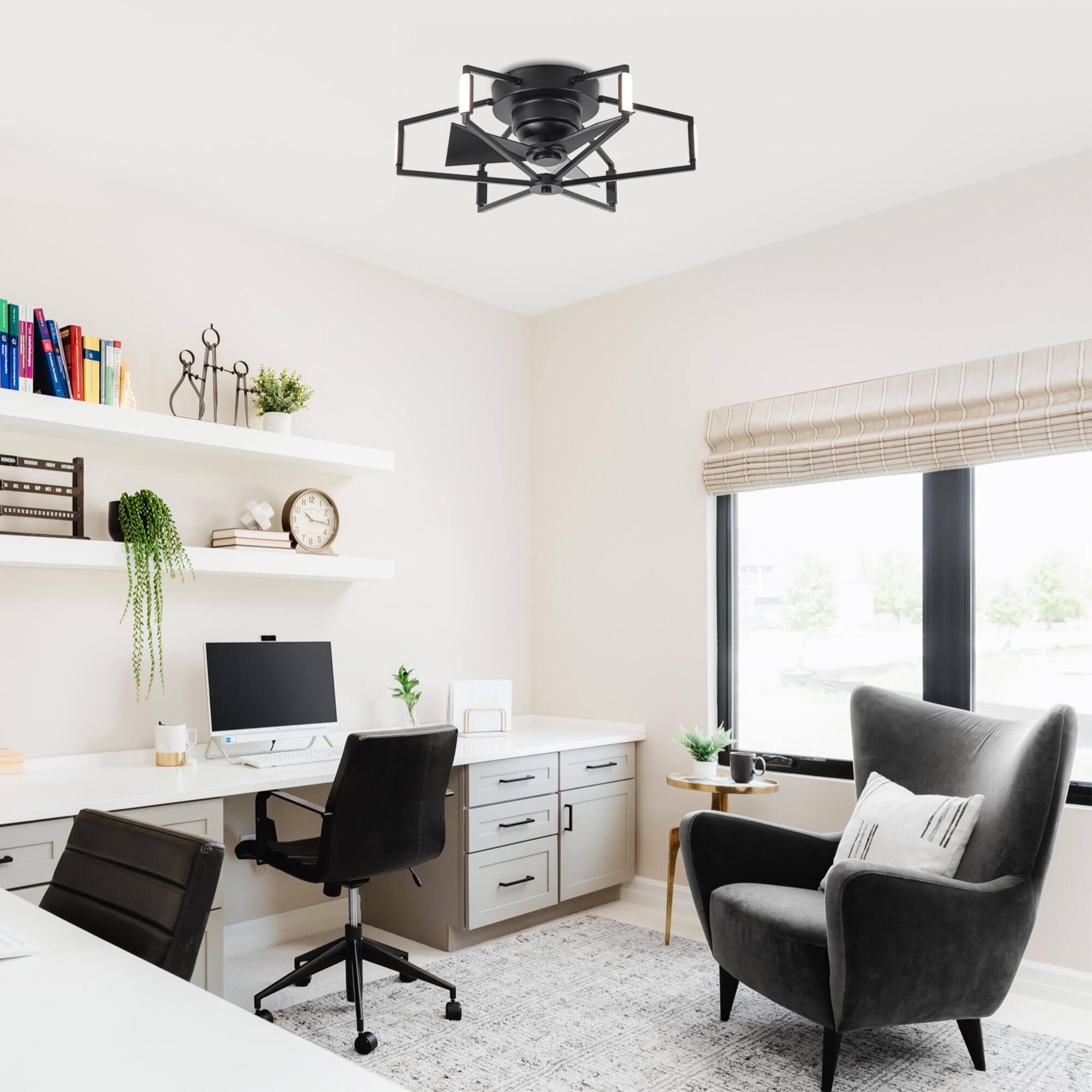 Angle. Parrot Uncle - 21" Modern Black Unique Low Profile Caged Ceiling Fan with Light and Remote - Black.