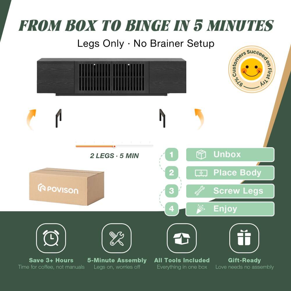 FROM BOX TO BINGE IN 5 MINUTES  
Legs Only • No Brainer Setup  

Customers First on 97%  

1. Unbox  
2. Place Body  
3. Screw Legs  
4. Enjoy  

2 LEGS • 5 MIN  

Save 3+ Hours  
5-Minute Assembly  
All Tools Included  
Gift-Ready  

Time for coffee, not manuals  
Legs on, worries off  
Everything in one box  
Love needs no assembly