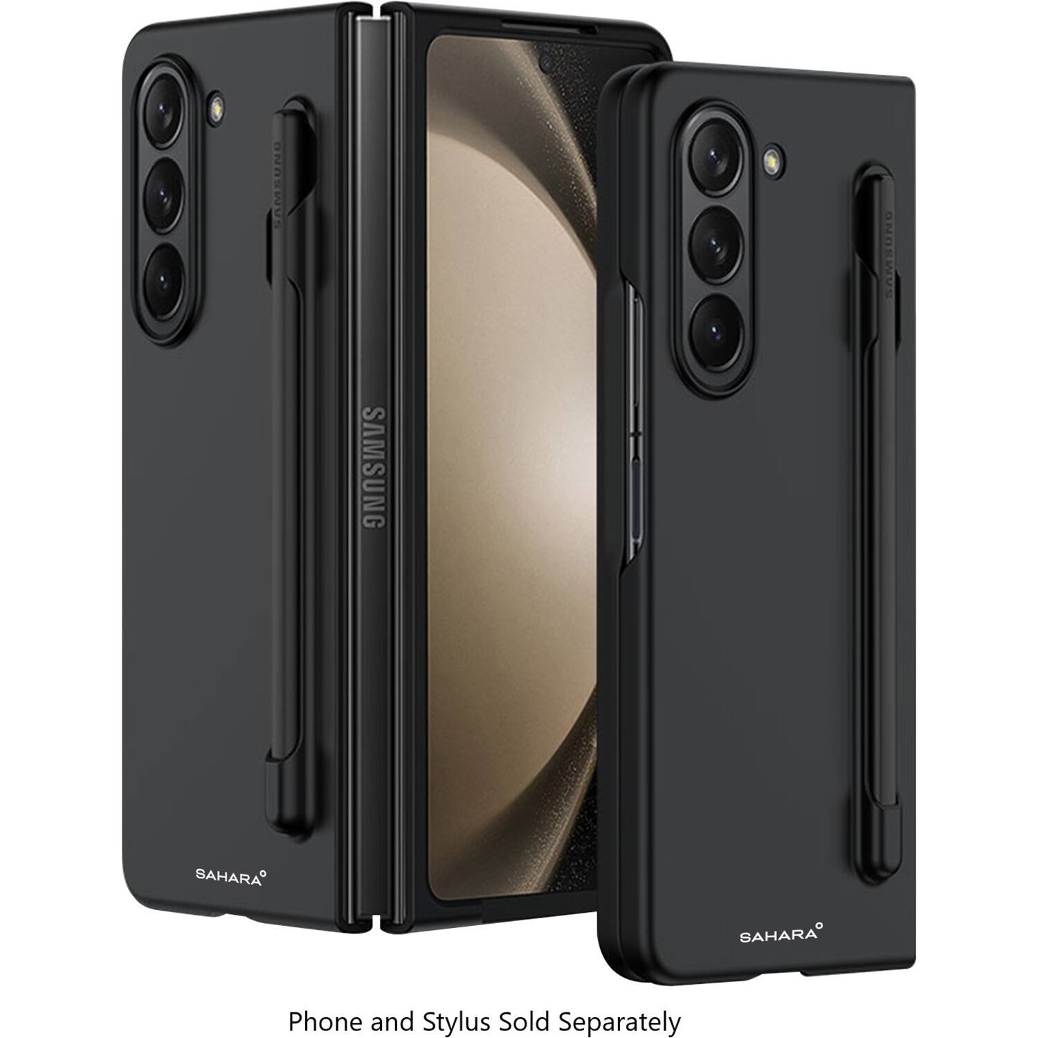 The image features a Samsung phone with a Sahara case. The phone is displayed in a black case, and the case is open, revealing the phone inside. The case is designed to protect the phone and is sold separately from the phone and stylus.