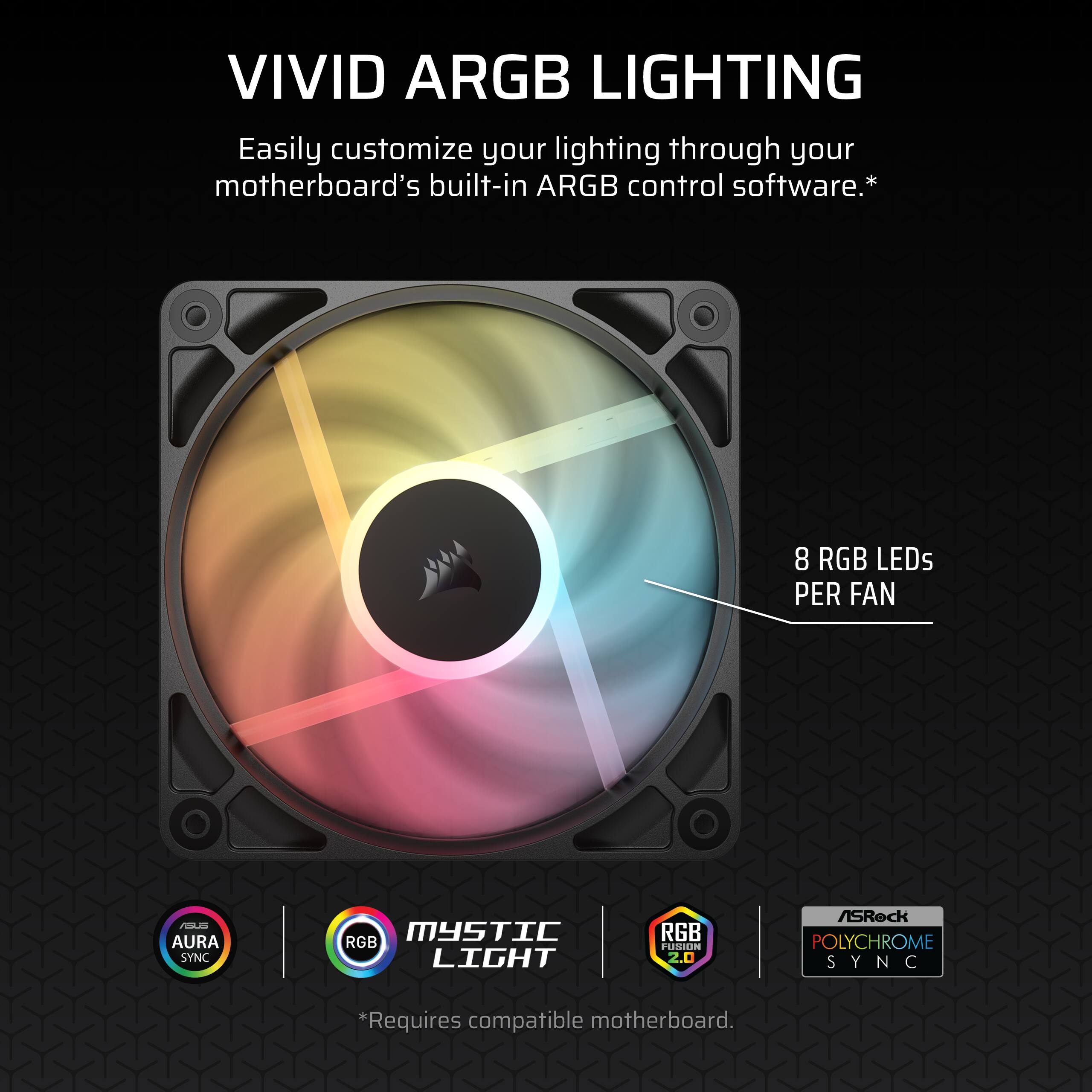 VIVID ARGB LIGHTING Easily customize your lighting through your motherboard's built-in ARGB control software. *8 RGB LEDs PER FAN PLA AURA SYNC RGB MYSTIC LIGHT RGB FUSION 2.0 ASUS POLYCHROME SYNC Y *Requires compatible motherboard.