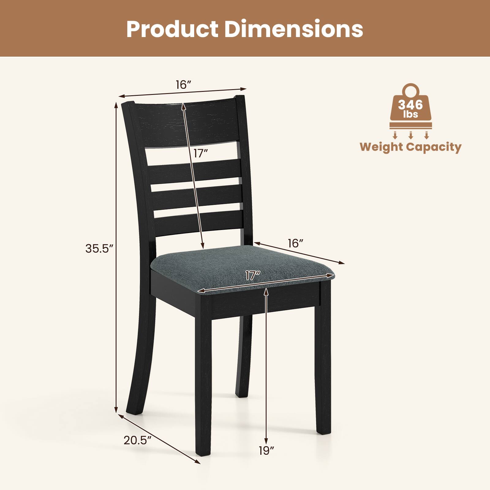 Product Dimensions:  
16" x 17" x 35.5" x 16" x 17" x 20.5" x 19"  
Weight Capacity: 346 lbs