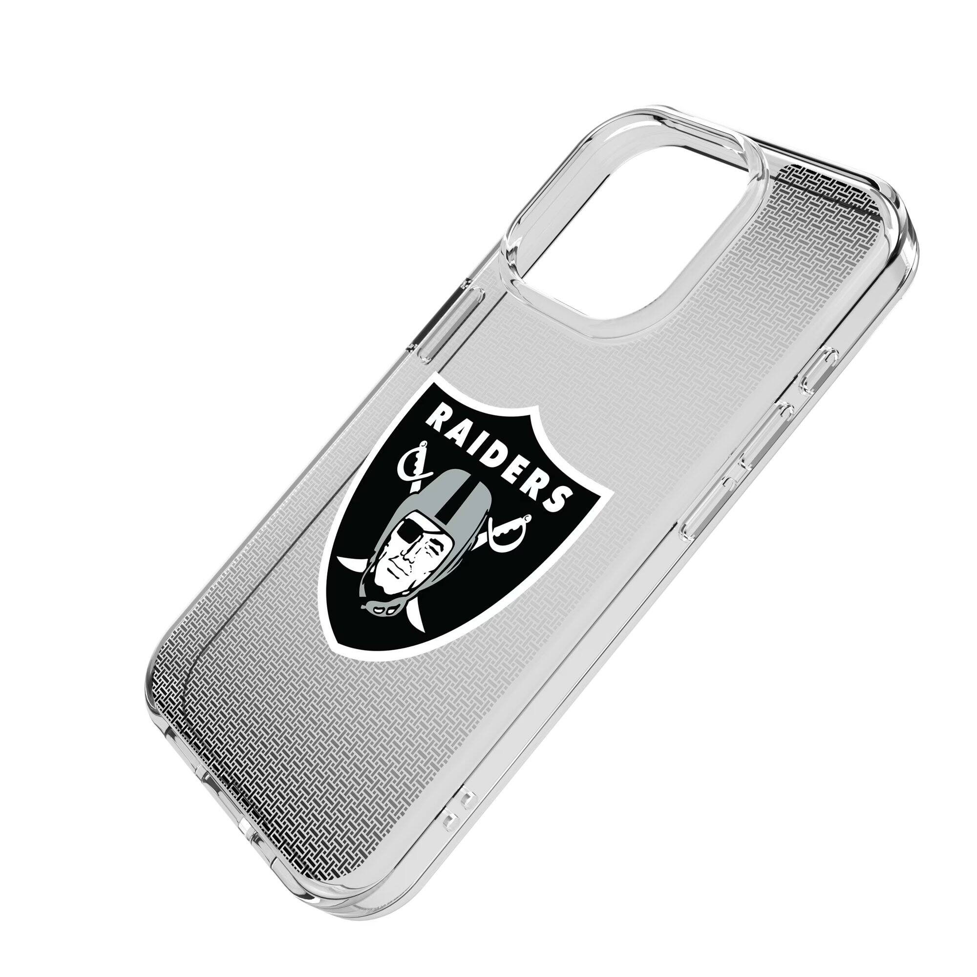 Alt View 1. Keyscaper - Las Vegas Raiders Linen Logo iPhone Clear Case - 14 Plus - Multicolor.