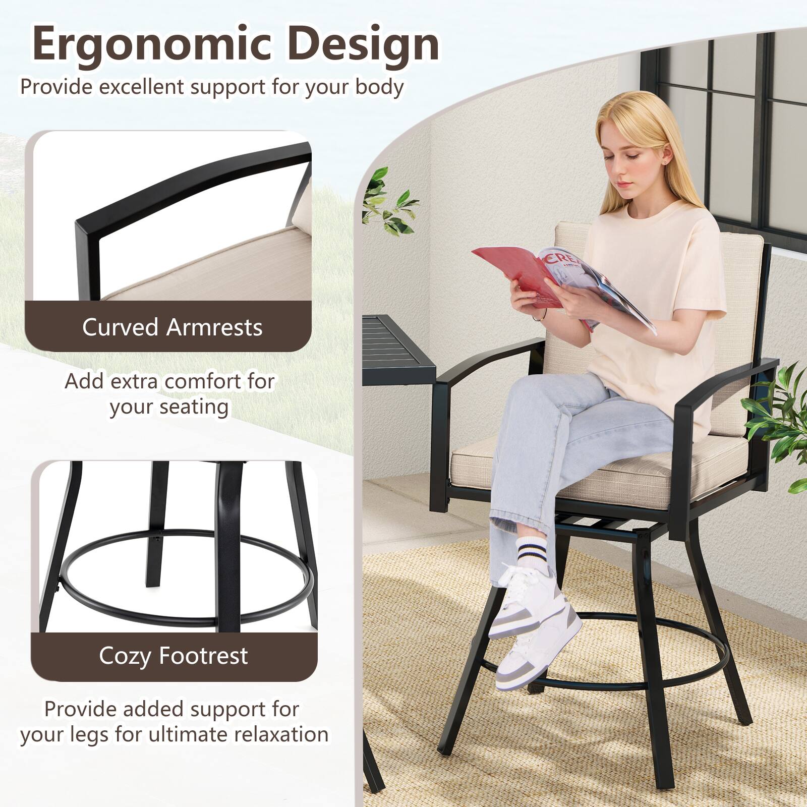 Ergonomic Design  
Provide excellent support for your body

Curved Armrests  
Add extra comfort for your seating

Cozy Footrest  
Provide added support for your legs for ultimate relaxation