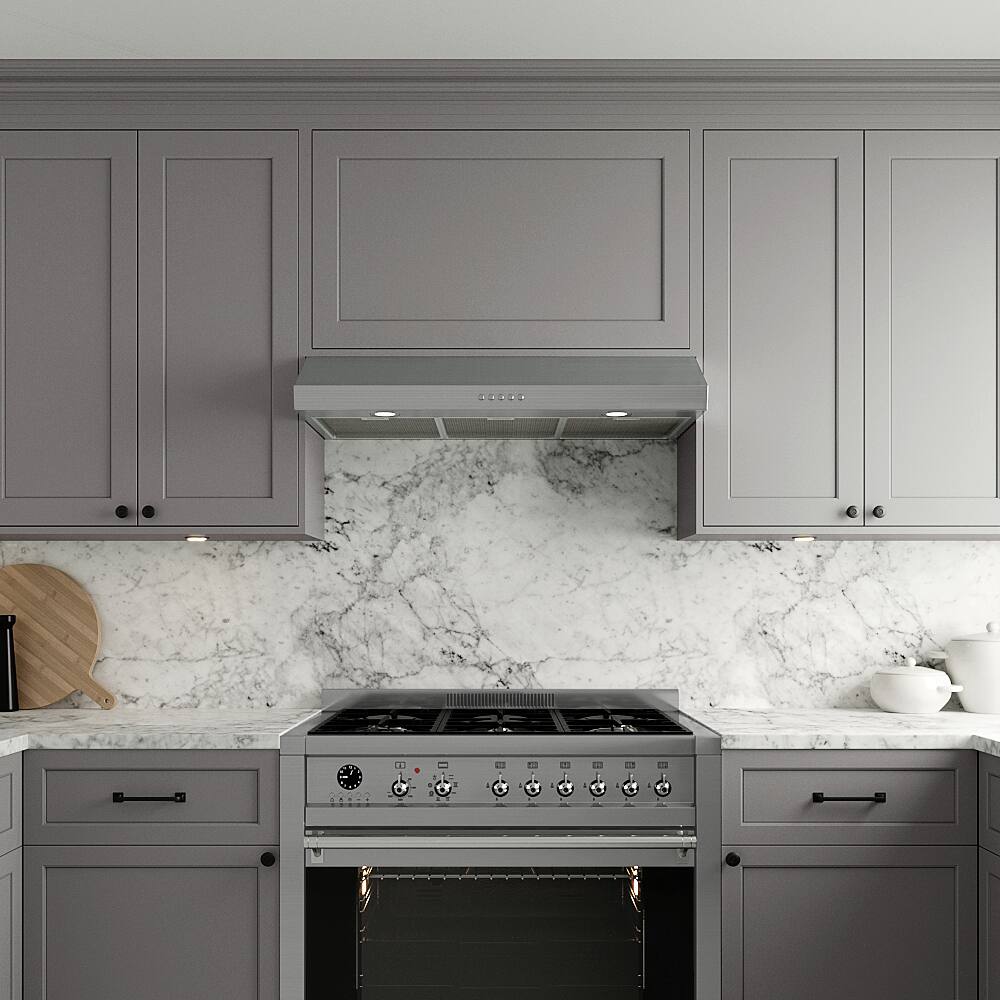 Left. Streamline - 36 in. Ostiglia Ductless Undermount 165 CFM Range Hood, Mesh Filters, Push Button Control, LED Lights - Brushed Stainless Steel.