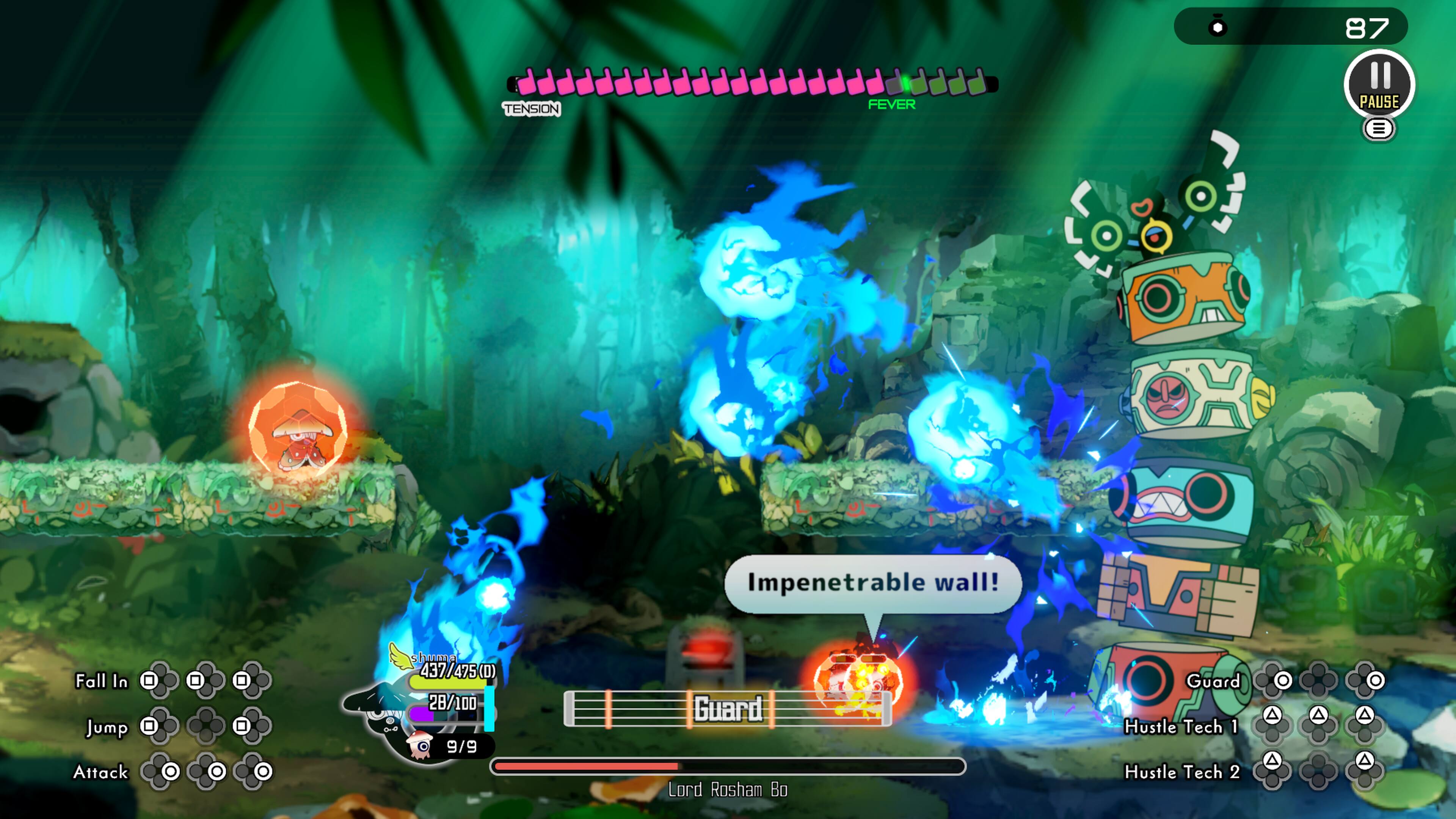 87 TENSION FEVER PAUSE = Impenetrable wall!  
Fall In Jump Attack  
Guard  
Lord Rosham  
Guard Hustle Tech 1  
Hustle Tech 2  
A A A