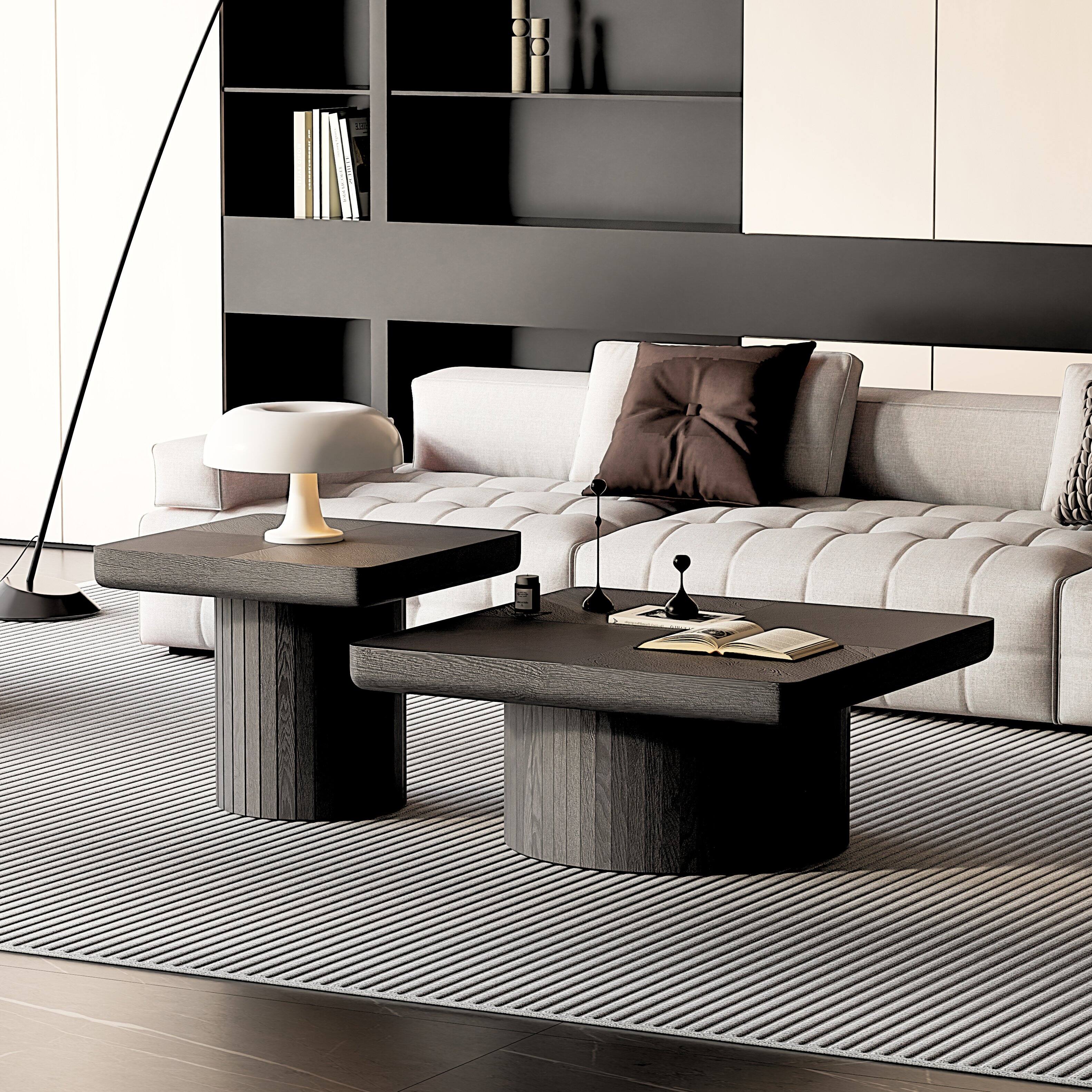 Front. Loheer - Loheer Modern Black Wood Nesting Coffee Table Set Center Table with Fluted Pedestal for Living Room - Black.