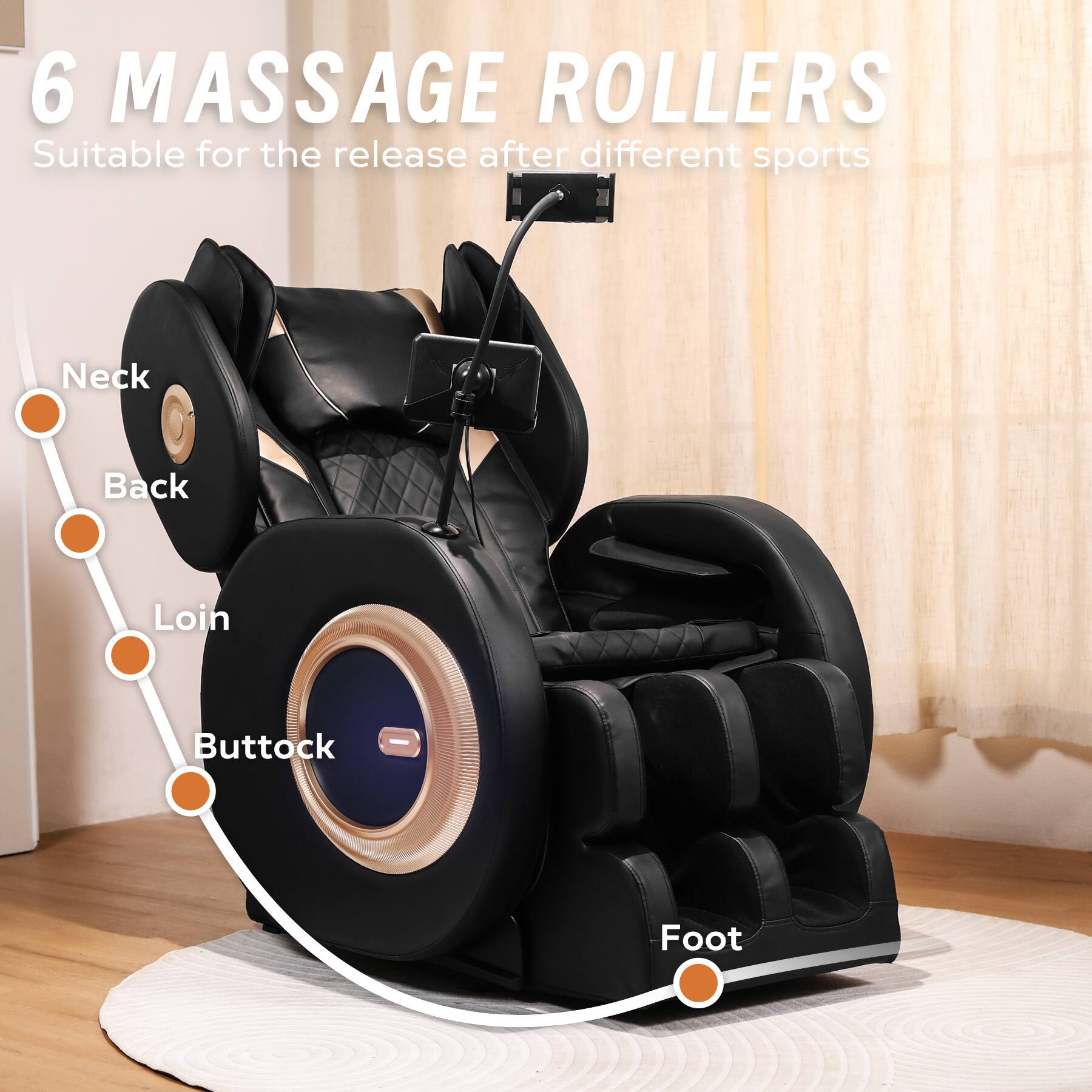 6 MASSAGE ROLLERS  
Suitable for the release after different sports  

- Neck  
- Back  
- Loin  
- Buttock  
- Foot