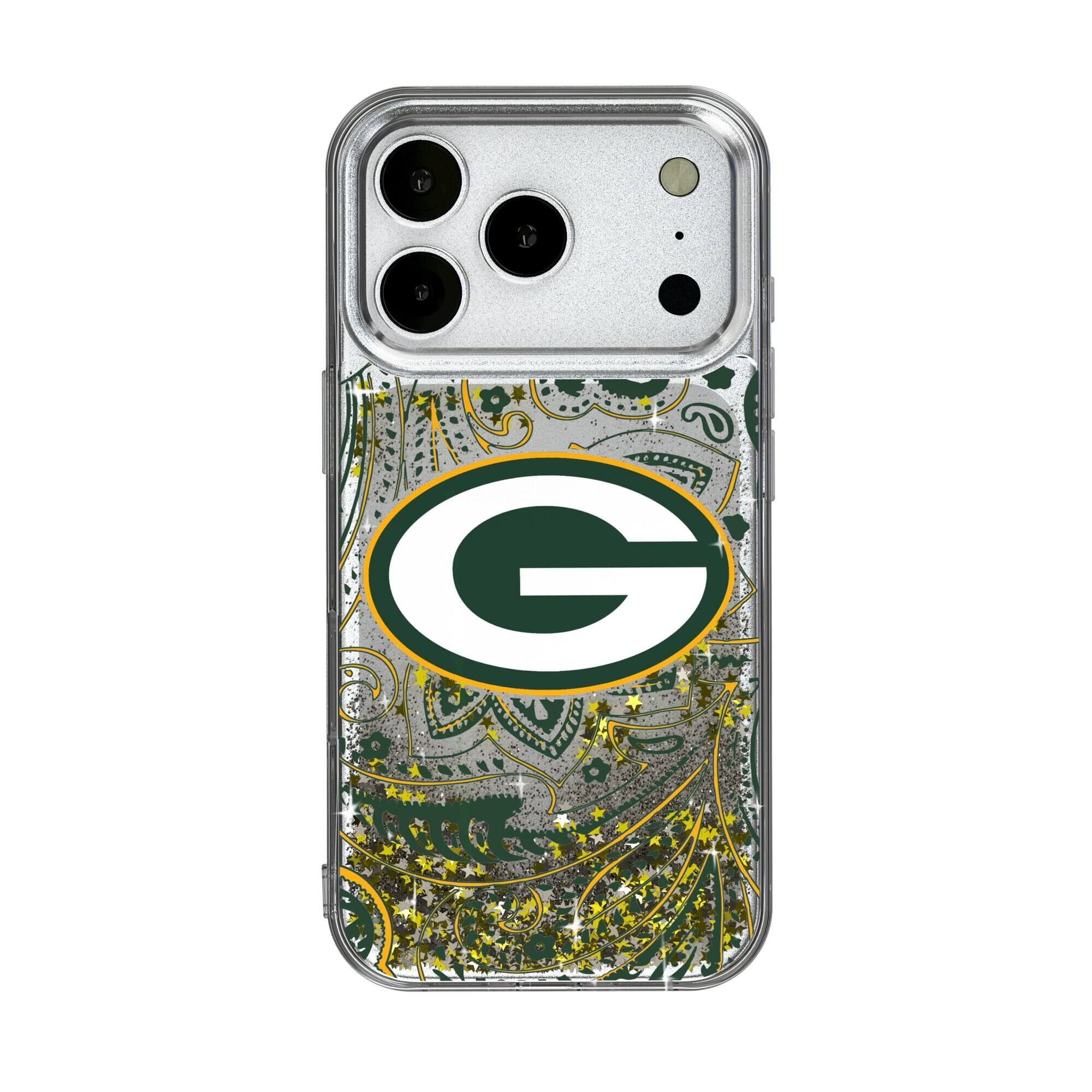 Front. Keyscaper - Green Bay Packers iPhone Paisley Design Glitter Case - 16 Pro - Multicolor.