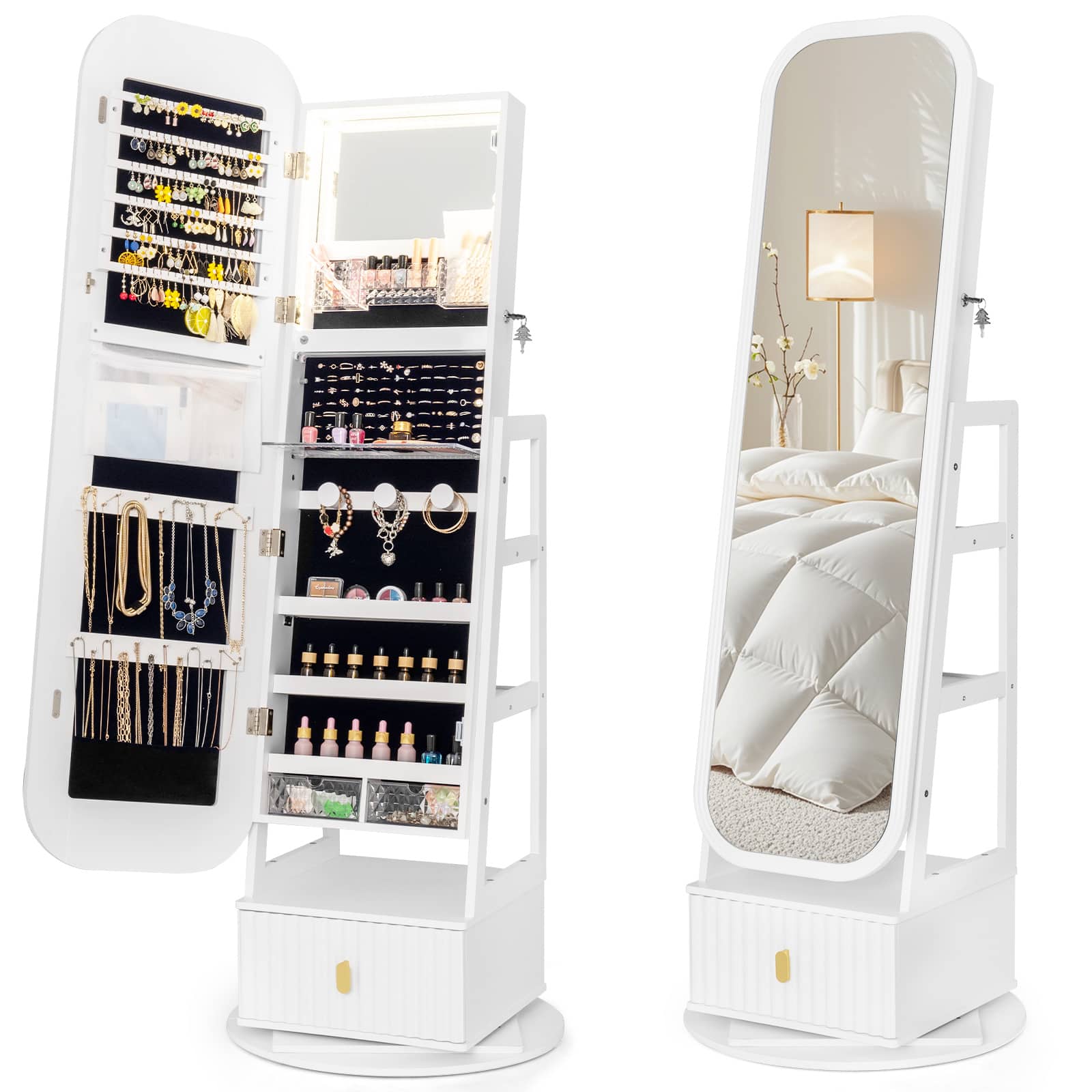 Front. Costway - Costway 360° Swivel Jewelry Cabinet with Full-Length Mirror & Dual Hooks, Storage Shelves.