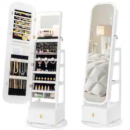 Costway - 360° Swivel Jewelry Cabinet with Full-Length Mirror & Dual Hooks, Storage Shelves